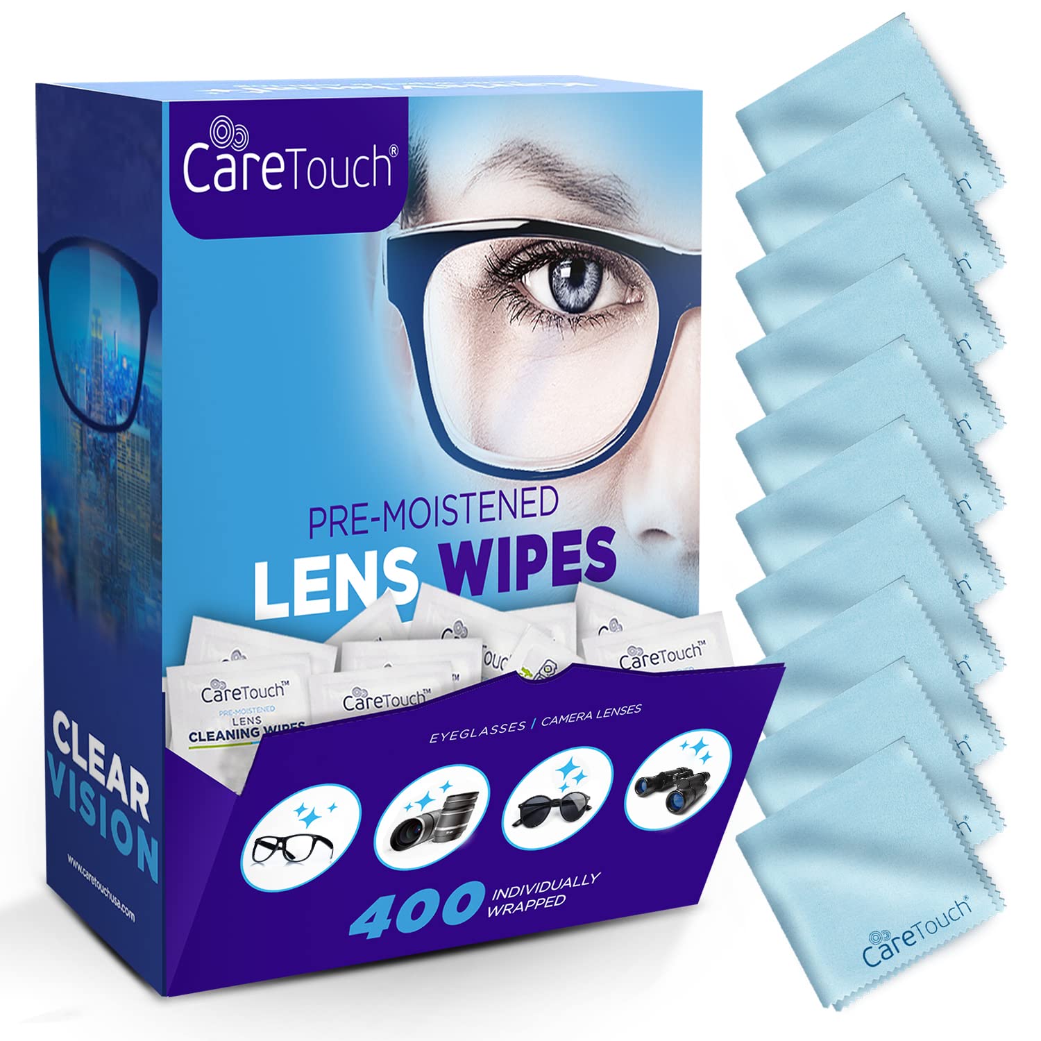 Lens Wipes with Microfiber Cloths - 400 Lens Cleaning Wipes and 10