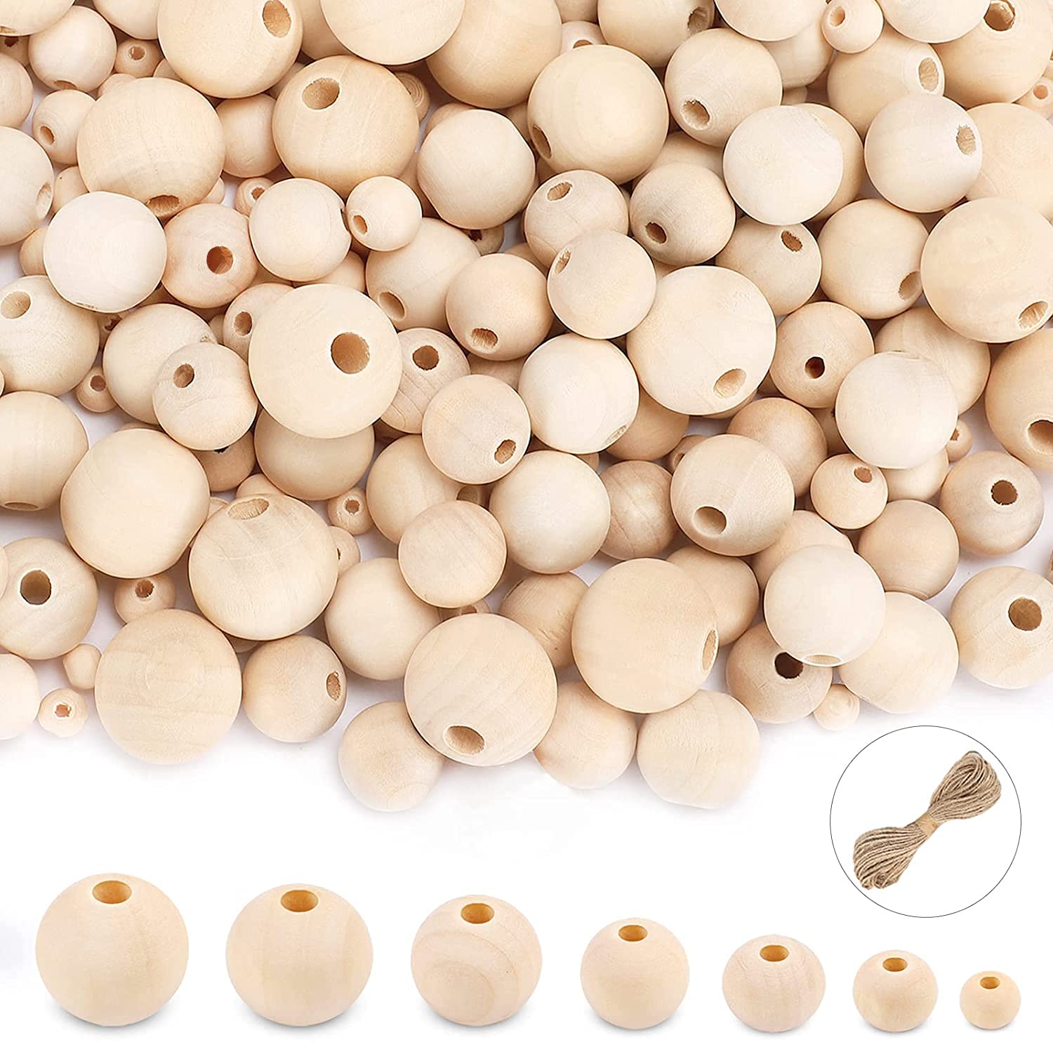 UOONY 800pcs Wooden Beads for Crafts 7 Sizes Unfinished Natural Wood Beads  Wooden Beads Bulk 6mm