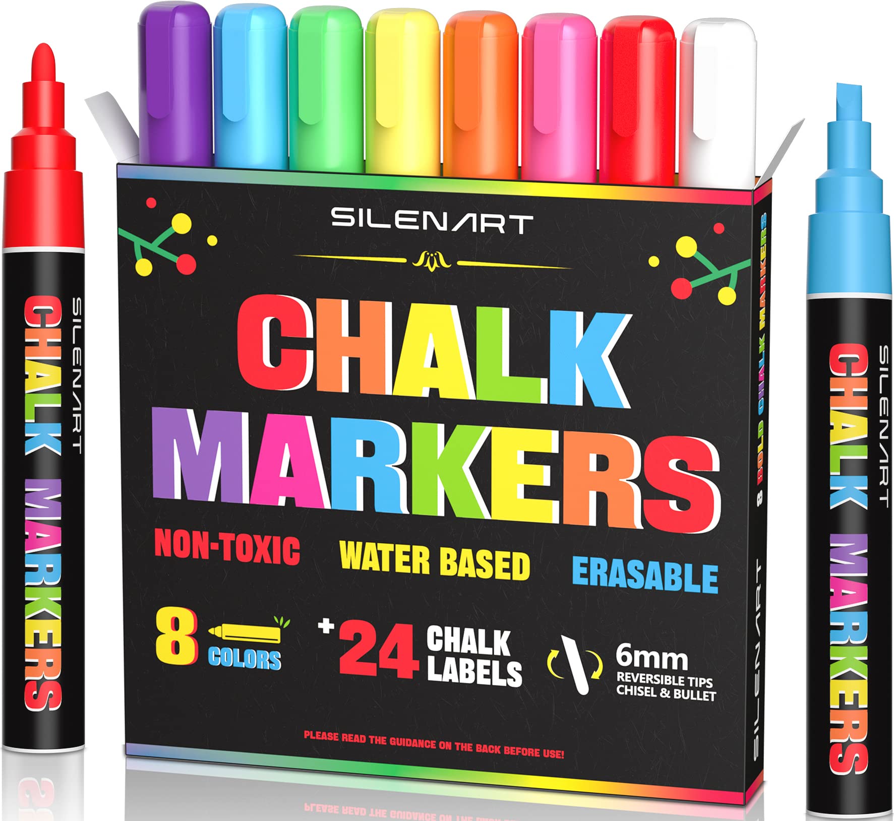SILENART Durable Chalk Markers - Includes 8 Long-lasting Colors and 24  Labels - Chalkboad Markers for Kids Liquid Chalk Markers Erasbale Window  Markers for Car Glass Washable Reversible Tip 1 Count (Pack of 8)