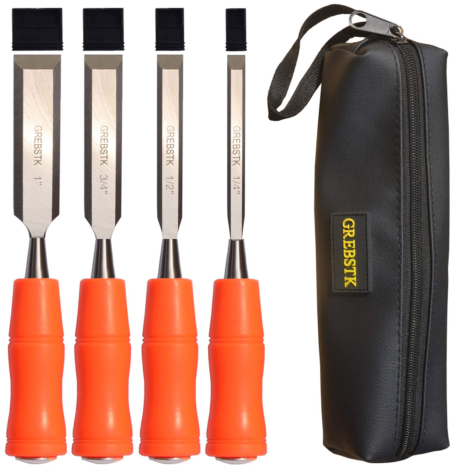GREBSTK 4 Piece Wood Chisel Tool Sets Sturdy Chrome Vanadium Steel Chisel  Woodworking Tools with Leather Bag 4PCS 1/4 inch 1/2 inch 3/4 inch 1 inch  Regular Size Grip
