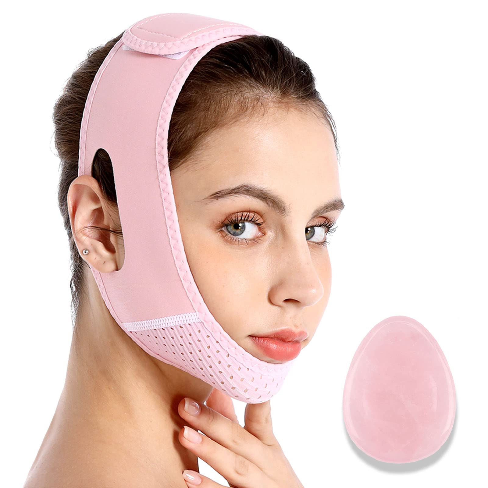 Haigivesoon Face Lift Tape Chin Strap Double Chin Reducer Eliminator Face Slimming  Strap for Jawline V Shape Face Slimmer Face Lift for Woman with Mini Gua  Sha Facial Massage Tool (PINK)