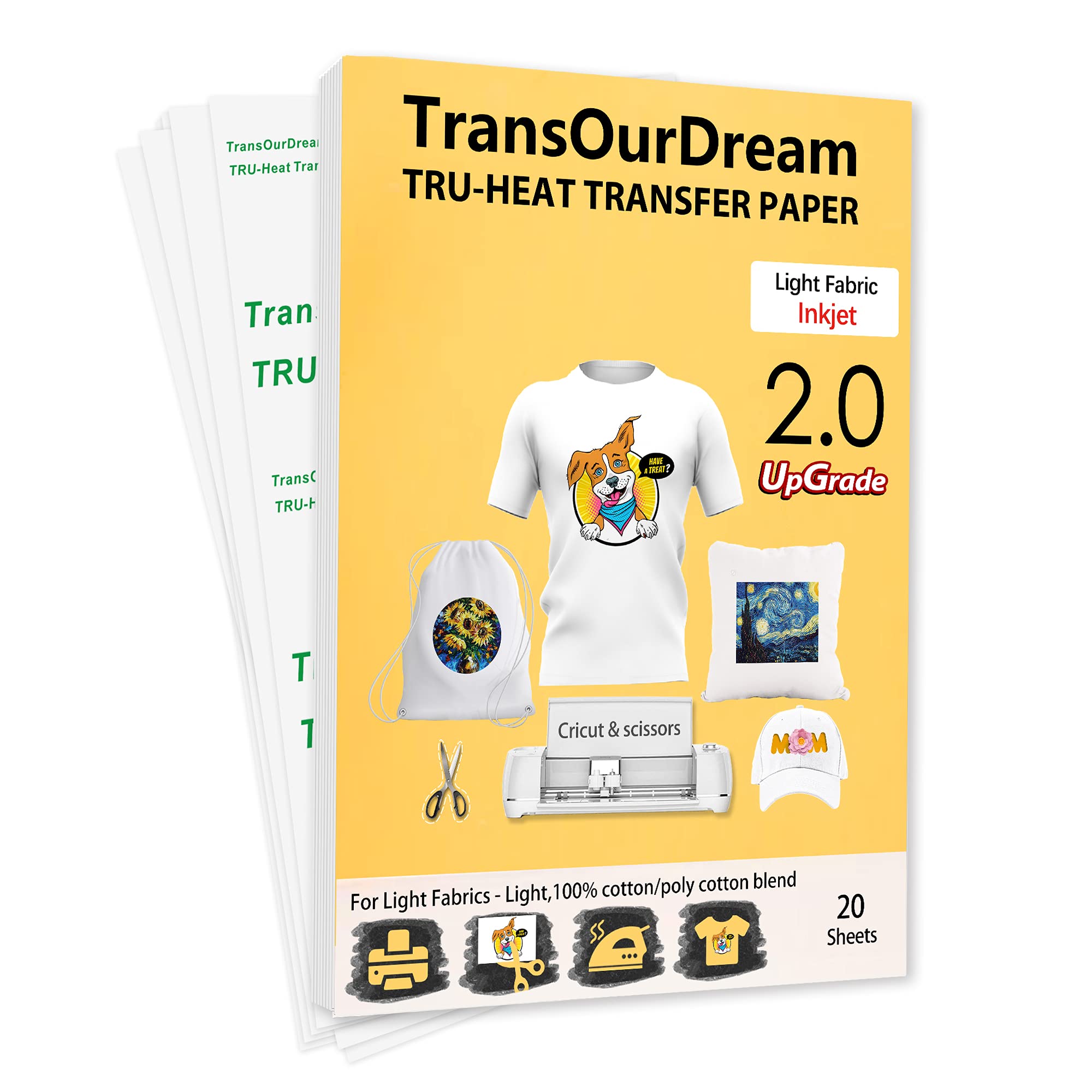 TransOurDream Upgraded Iron on Heat Transfer Paper for T Shirts (20 Sheets  8.5x11) Iron-on Transfers Paper for Light Fabric Printable Heat Transfer  Vinyl for Inkjet Printer (TOD-4) Light 20 Sheets