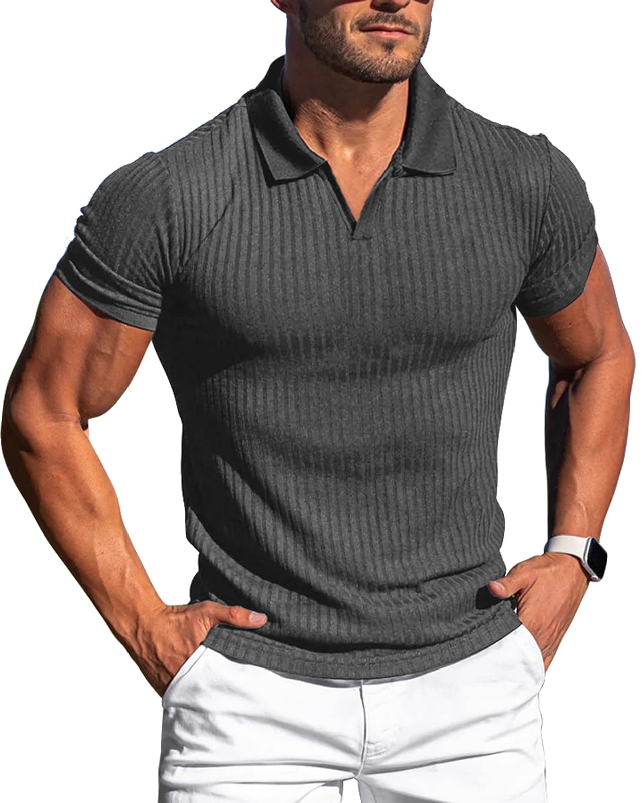 Lempue Mens V Neck t Shirts Slim Fit Muscle Polo Shirts for Men Short  Sleeve Dry Fit Golf Shirts Casual Stylish Cloths Dark Grey Large