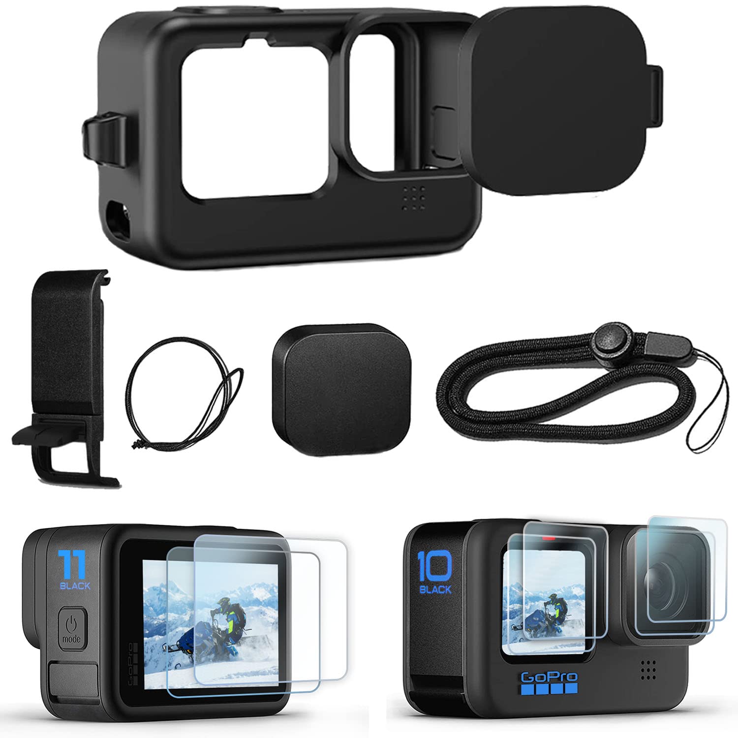 OKFUN Accessories Kit for GoPro Hero 11/10 / 9 Black, Silicone Sleeve  Protective Case with Rubber Lens Cover + Screen Protector + Battery Side  Cover + Lens Cover Cap for Go Pro Hero11 Hero10 Hero9