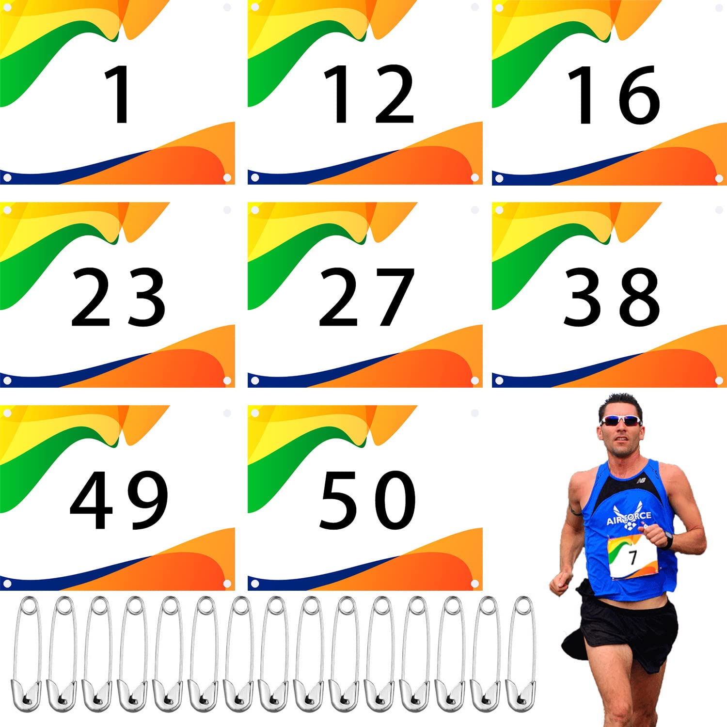 Running Bib Numbers with Safety Pins for Marathon Sports Competition Events  Tearproof Waterproof 6 x 7.5 Inch(1-50 Number,50 Pieces) : : Home  & Kitchen