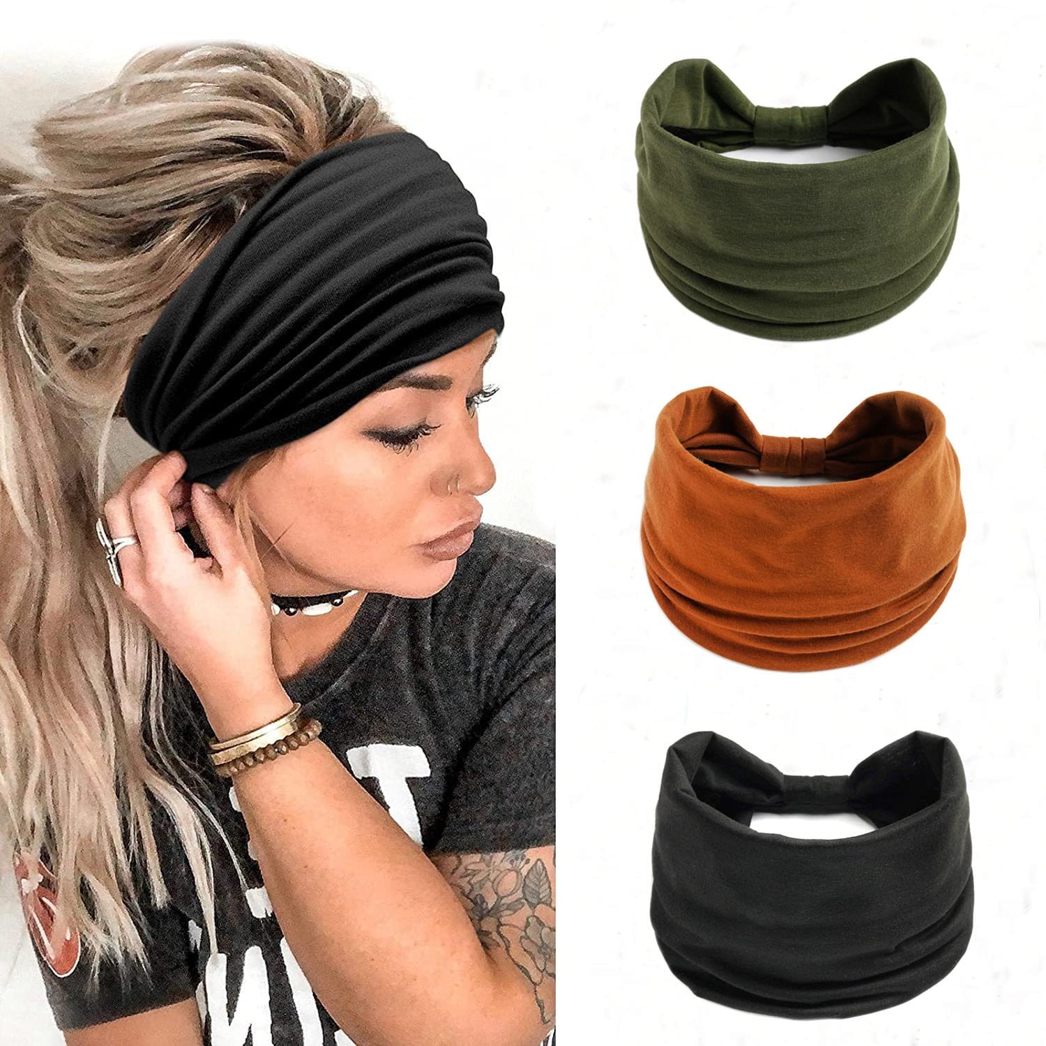 LadayPoa 3 Pcs Headbands for Women Wide Headband Boho Floral Print Knot  Elastic Head Band Running