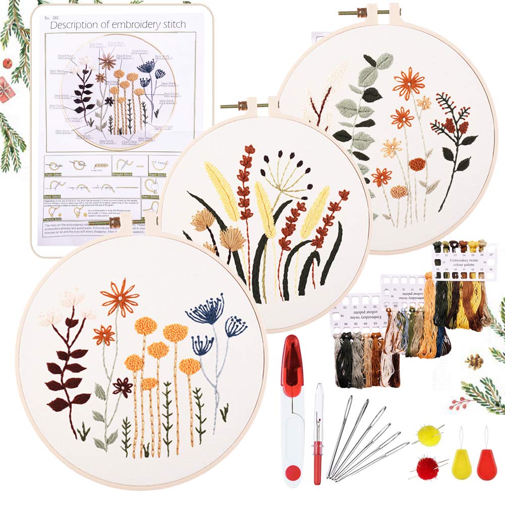 YINVA 3 Sets Embroidery Starter Kit Embroidery Beginner Kits Cross Stitch  Kit Include 3 Embroidery Clothes with Floral Pattern Instructions Hoops  Floss Thread Fabric Needles for Beginners