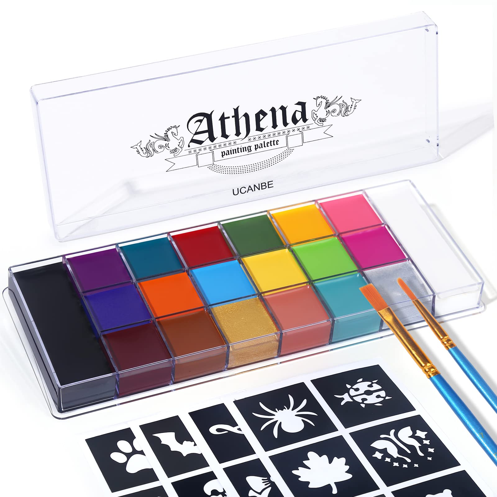 UCANBE Athena Face Body Painting Kit - 20 Color Large Deep Pan Paint, 24  Stencils, 2pcs Brushes, Professional Oil Based SFX Makeup Palette for Art