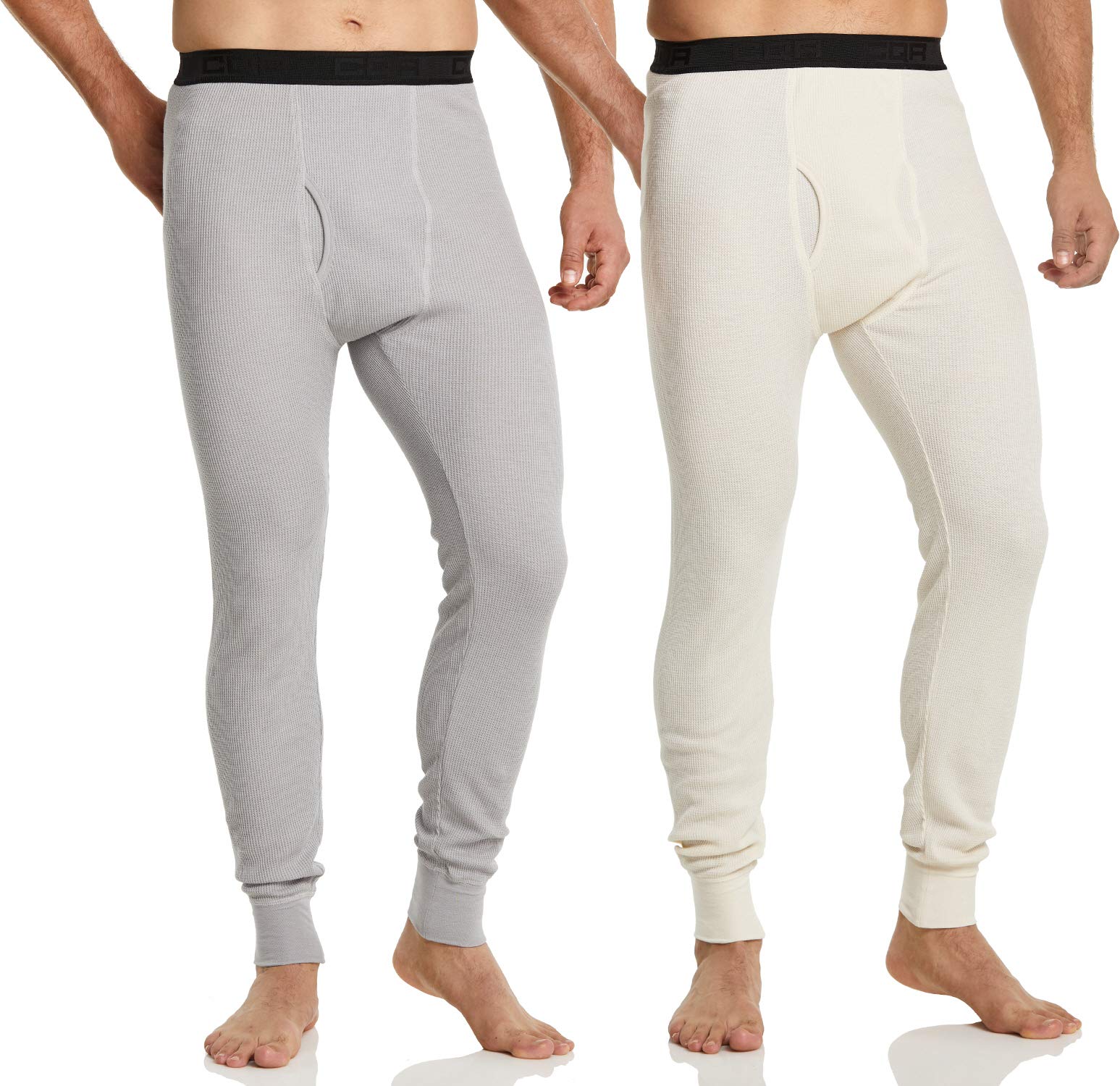 CQR 1 or 2 Pack Men's Thermal Underwear Pants, Midweight Waffle Knit Long  Johns, Winter Cold Weather Thermal Bottoms with Fly 2 Packs of Pants Light  Grey/ Natural X-Large