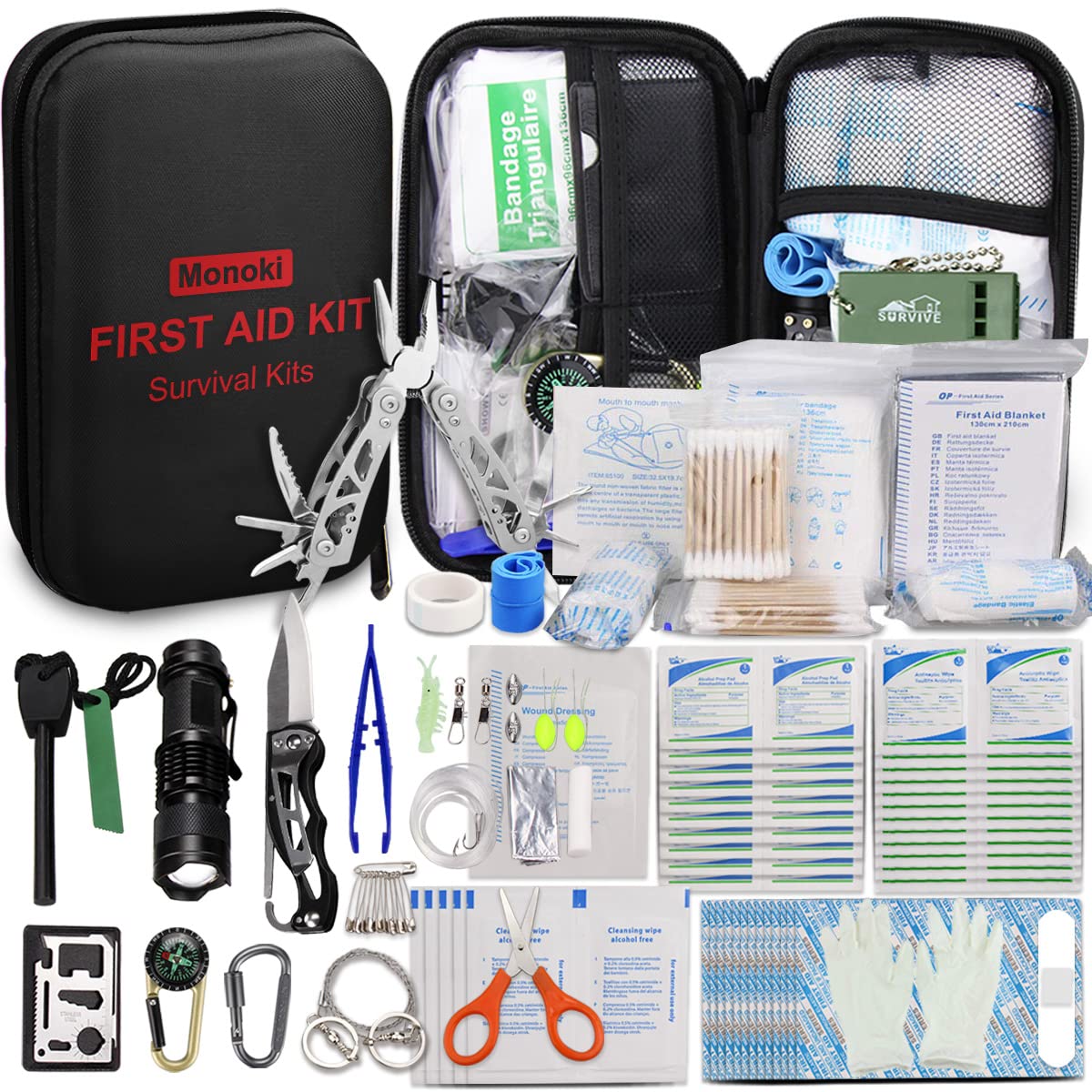 Monoki First Aid Kit Survival Kit, 241Pcs Upgraded Outdoor