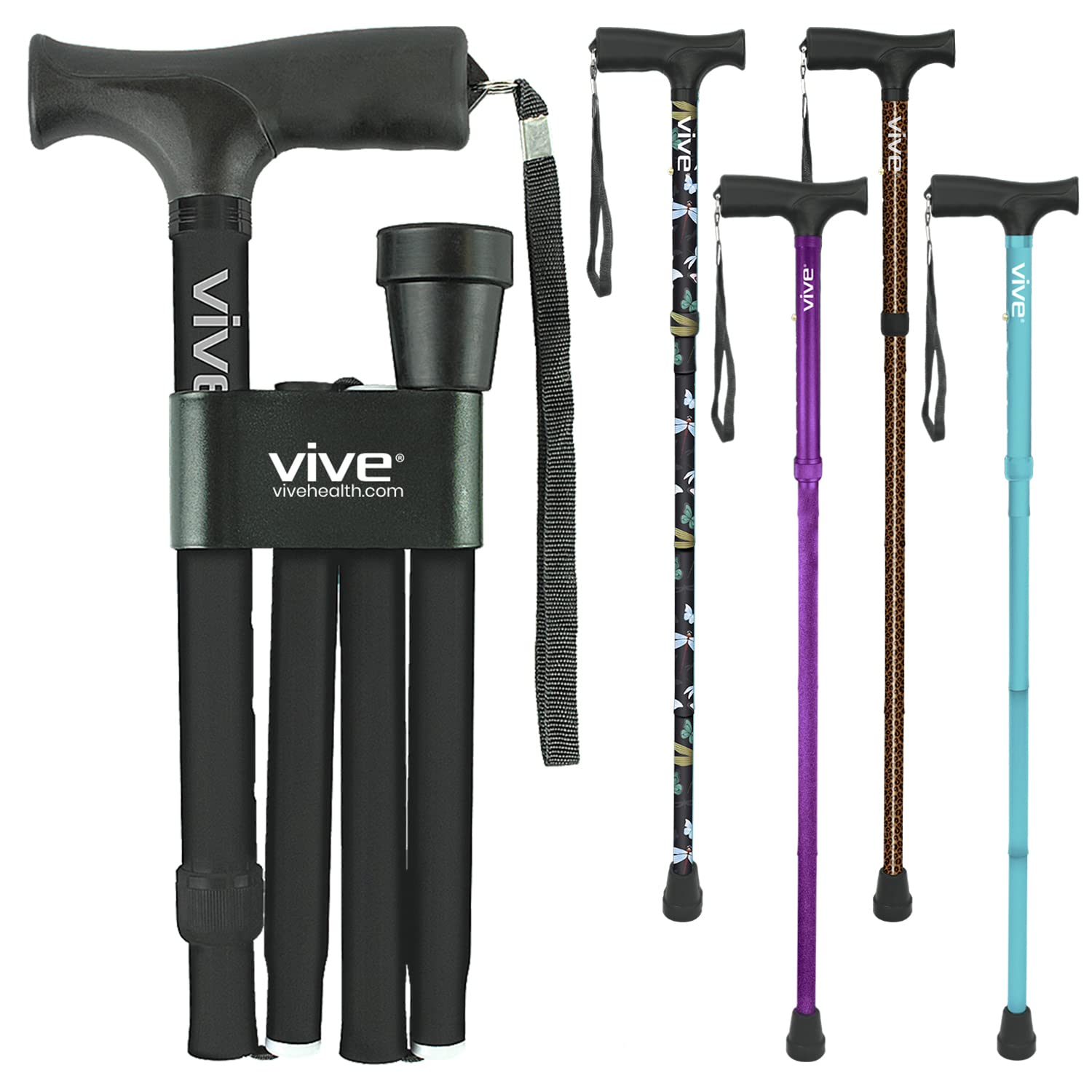 Vive Folding Cane - Foldable Walking Cane for Men, Women - Fold-up,  Collapsible, Lightweight, Adjustable, Portable Hand Walking Stick -  Balancing Mobility Aid - Sleek, Comfortable T Handles (Black)