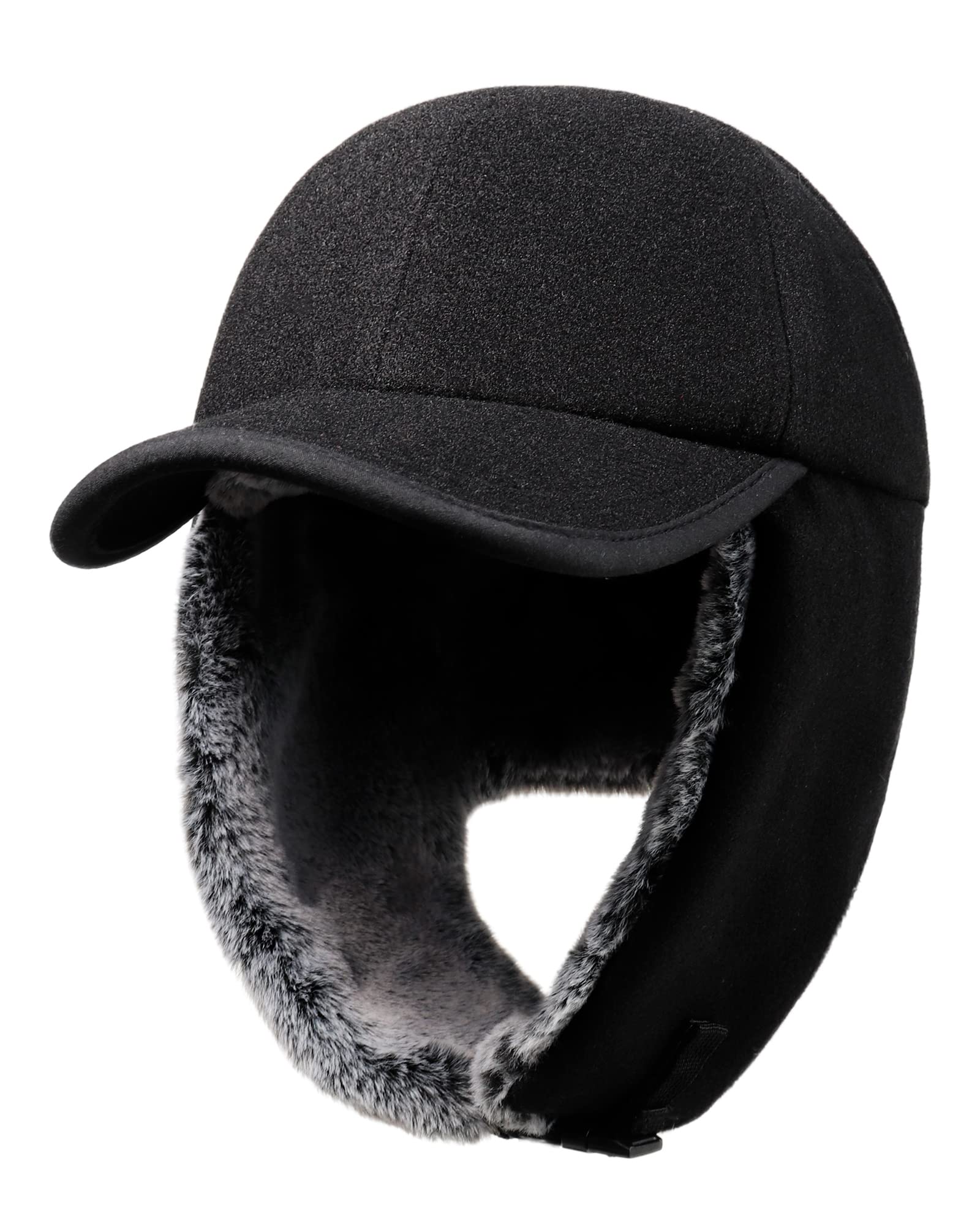 Gisdanchz Winter Baseball Cap with Long Ear Flaps - Woolen Blend Outer,  Faux Fur Fully Lined Black Medium-Large