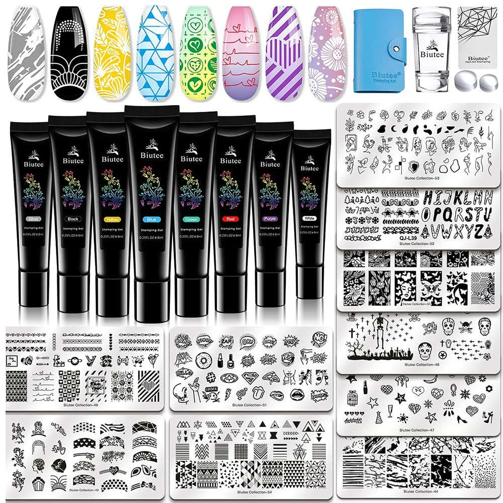  Biutee Nail Stamping Plate Nails Art Stamper Kit Stamp Template  Silicone Jelly Stencil Nail Printer Design Flower Line French Tip Tool  Supplies, Stamper, Scraper, Storage Bag, Box, Gift Set 16 pcs 