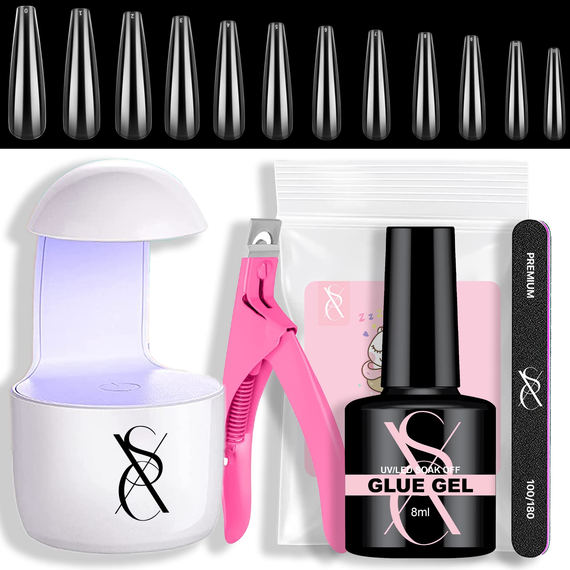 SXC Cosmetics XXL Nail Tips and Glue Gel Kit with 3 in 1 Gel Nail Glue