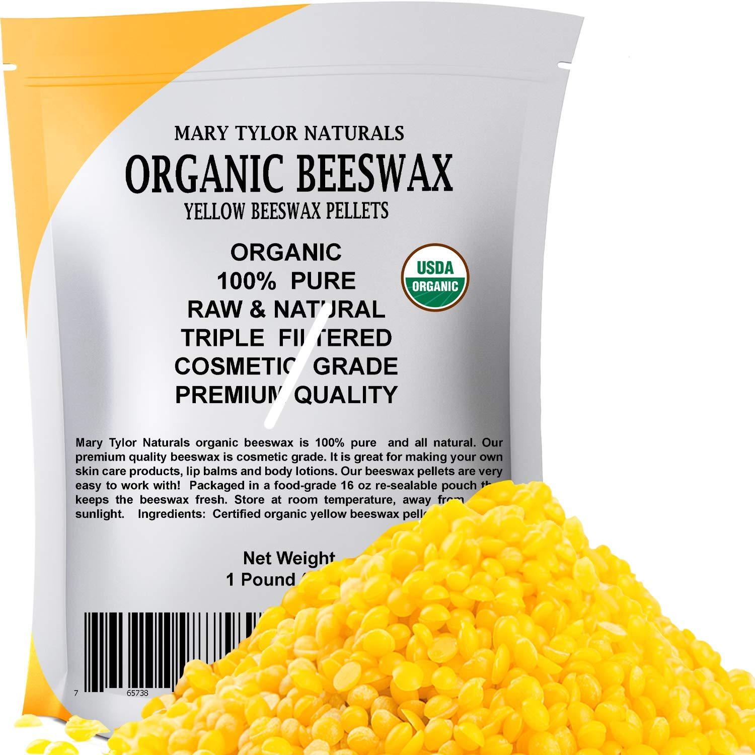 Organic Yellow Beeswax Pellets 1lb, USDA Certified by Mary Tylor Naturals,  Premium Quality, Cosmetic Grade, Triple Filtered Bees Wax Pastilles, for  DIY Lip Balm Recipes Body Creams Lotions Deodorants