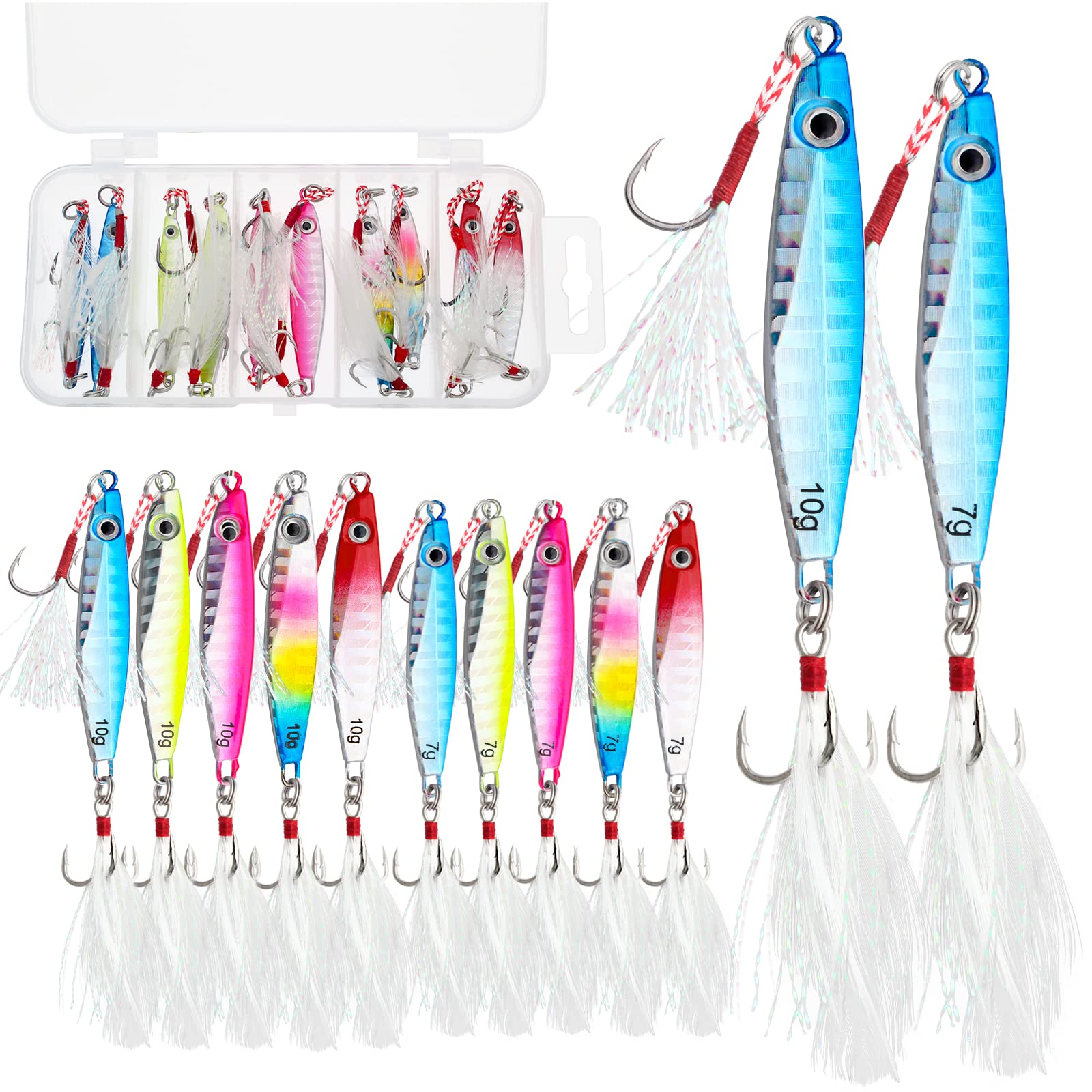 iLure Fishing Jigging Spoons Saltwater Jigs Fishing Lures 5pcs Long Casting  Jigging Spoon Lures 10g-40g with Assist Hook and Treble Hook 3D Colors  Vertical Slow Pitch Jigs Spoon for Bass Walleye Strip 
