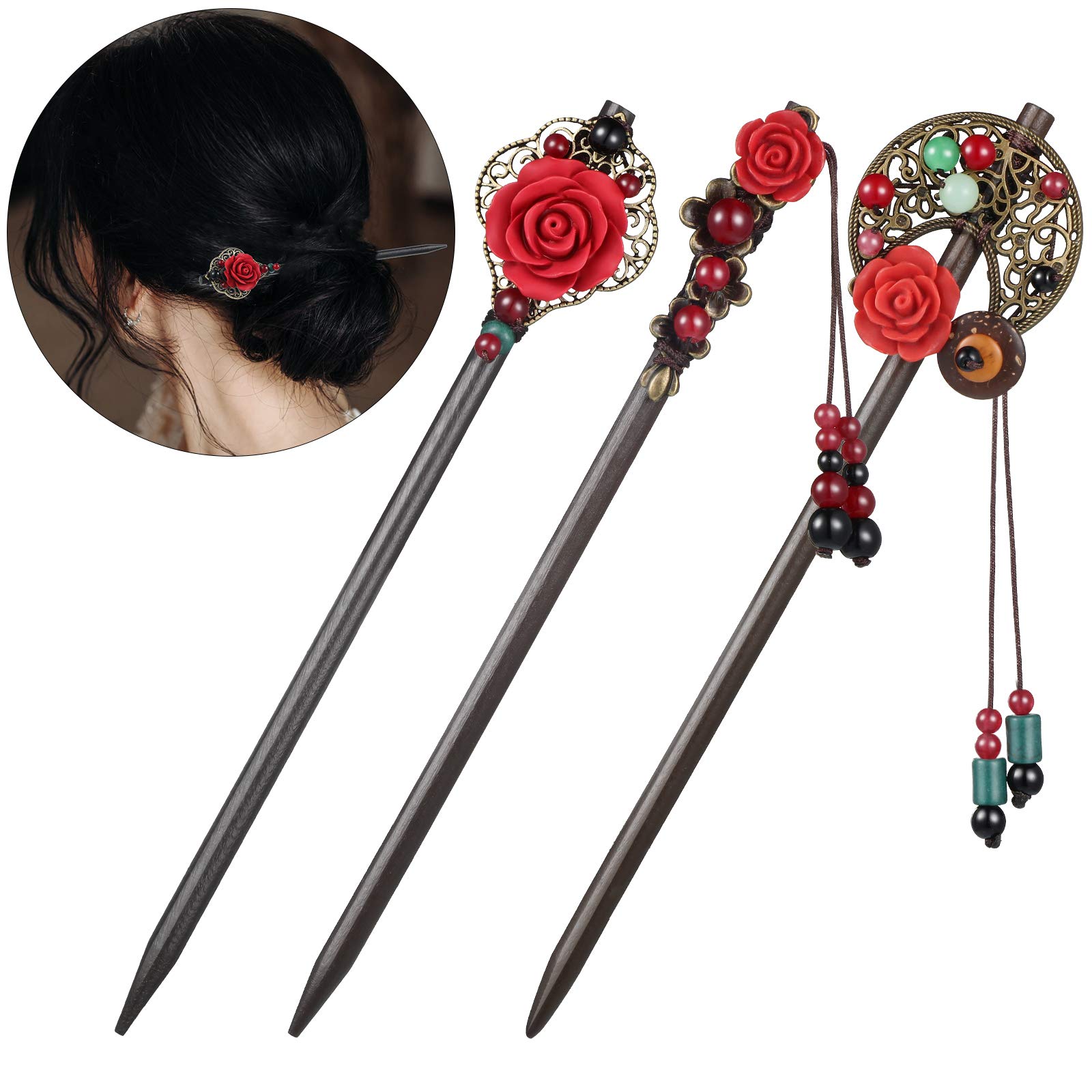 Yaazi 3 Pieces Japanese Chinese Hair Stick Retro Wooden Hairpin Flower ...