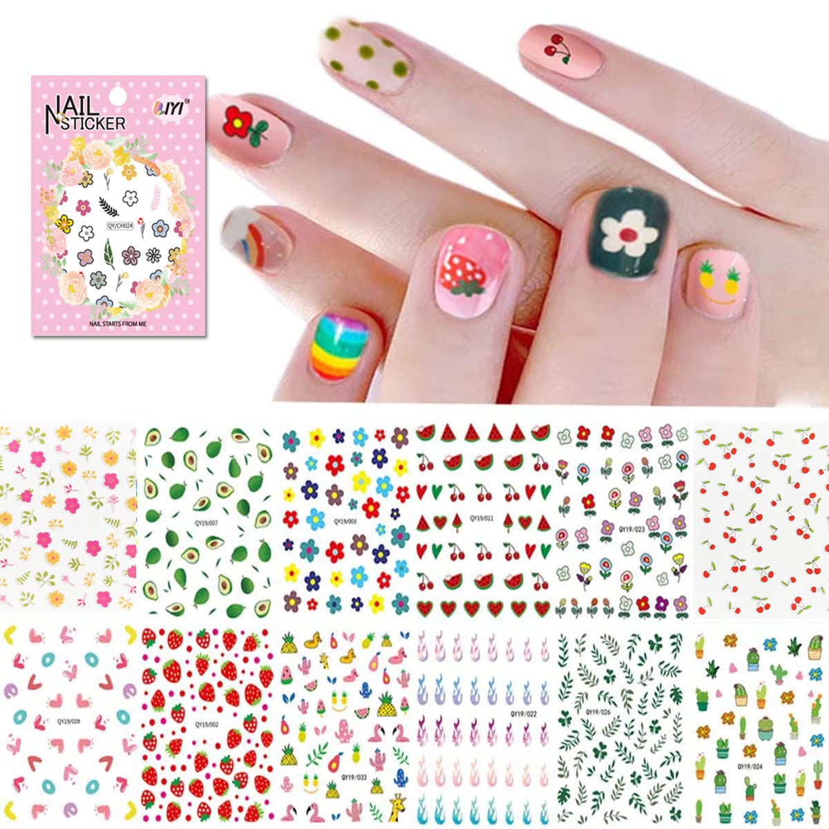 WOKOTO 12 Sheets Kids Nail Stickers - Self-Adhesive 3D Nail Art Decals