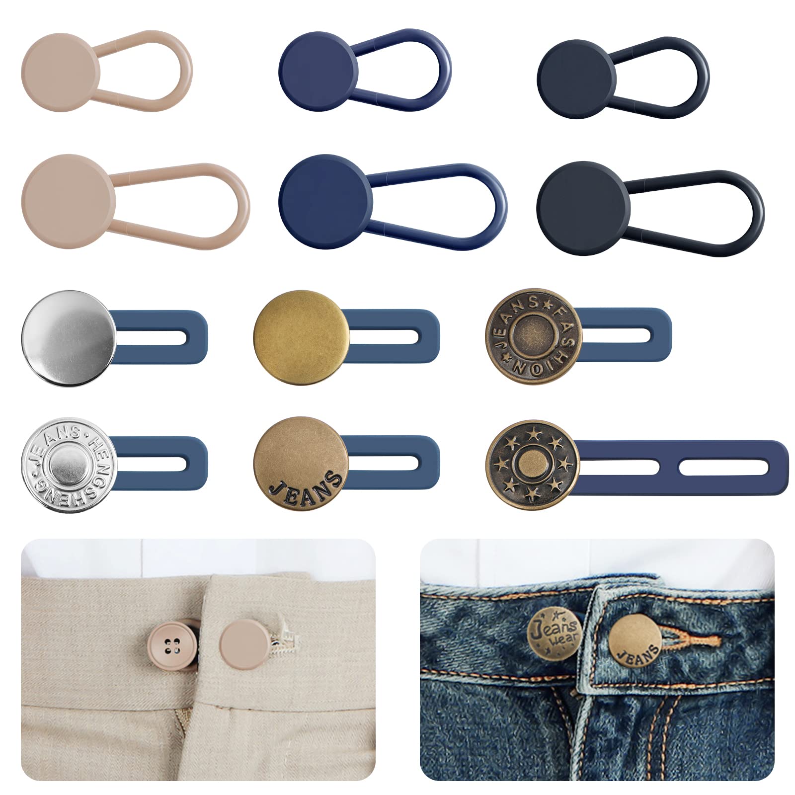 12PCS Button Extenders for Jeans, Pants Button Extender, Waist Extenders  for Pants for Women for Men, No Sewing Instant Waistband Extension 1-1.8  Inches