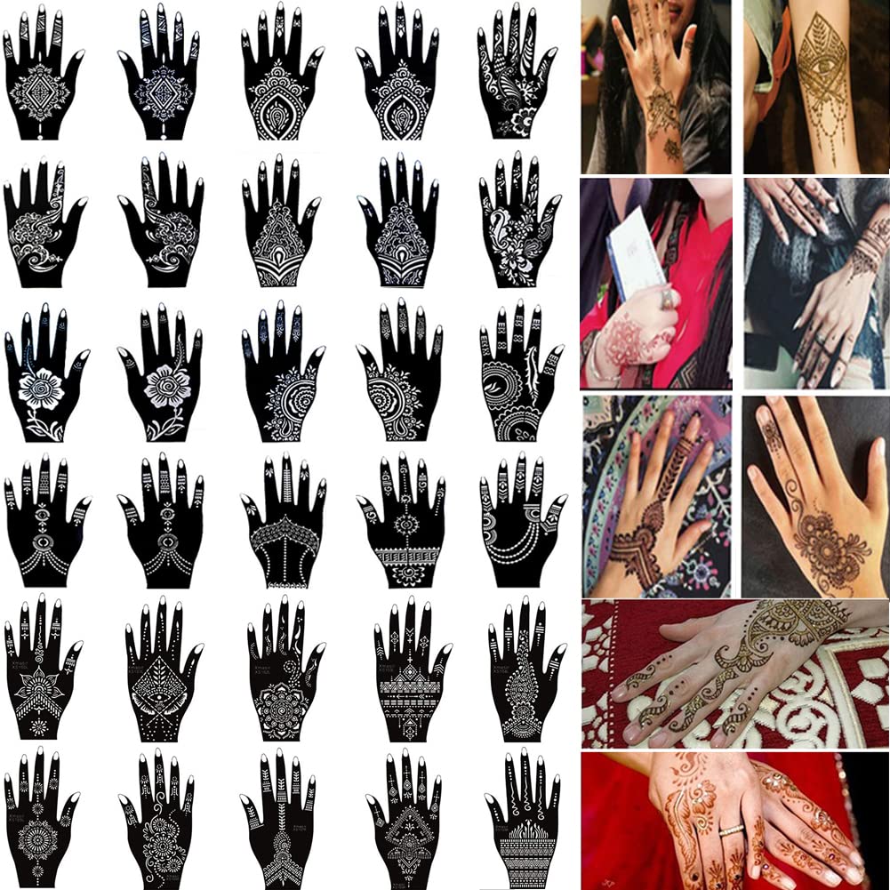 30 Sheets Henna Tattoo Kit Stencil, Glitter Temporary Tattoo Templates Set,  Indian Henna Tattoo Sticker Kit For Body Art Painting (2)