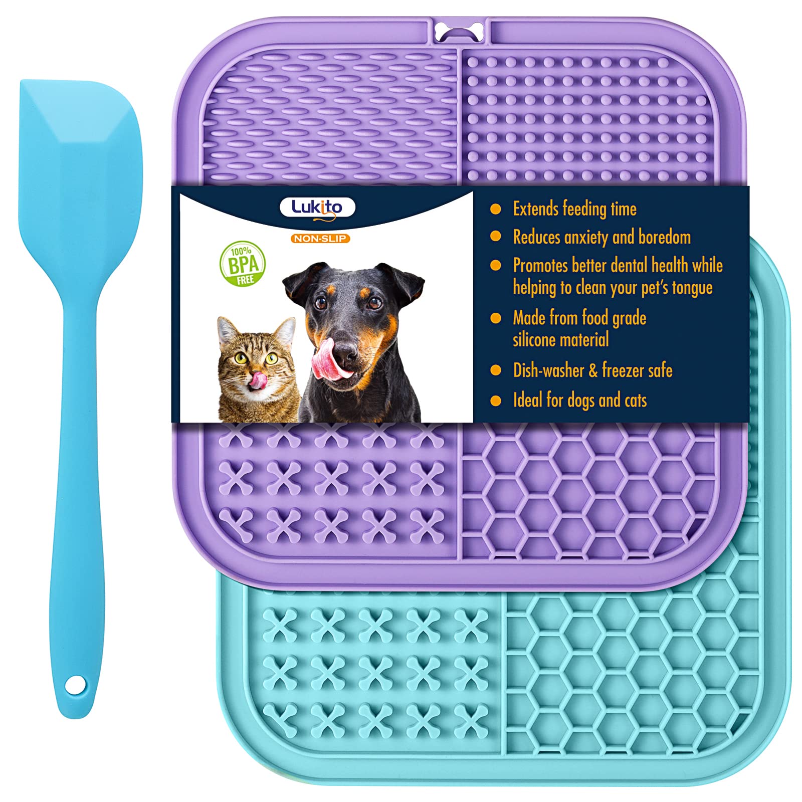 Feeding Mat for Dogs & Cats 2 Pack, Slow Feeder & Non-Slip Design, Pet  Calming Dog Treat Mat Anxiety Relief Dog Cat Training, Perfect for Yogurt,  Peanut Butter Blue&Purple