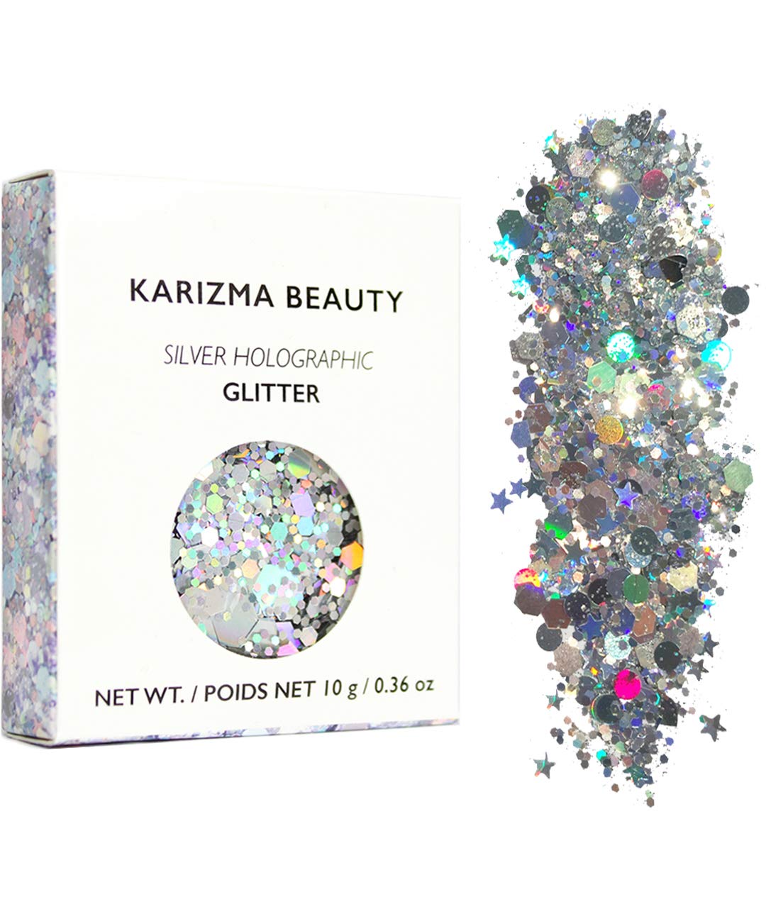 KARIZMA Holographic Silver Body Glitter. 10g Glitter for Chunky Face ,  Hair, Eye and Body for Women. Rave Glitter, Festival Accessories, Cosmetic