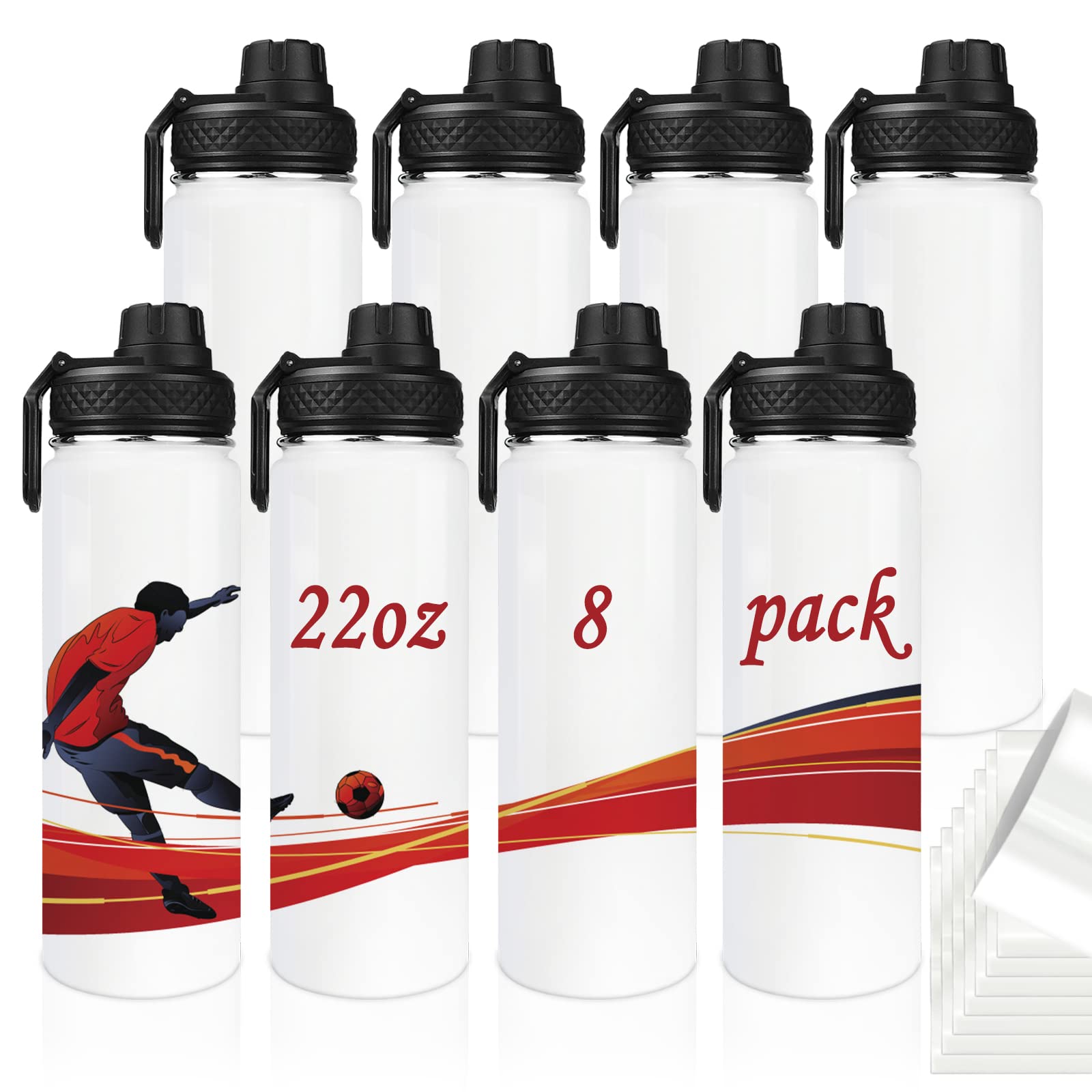 AiHeart 22oz Sports Water Bottle,Sublimation Blanks Bulk Stainless Steel  Double Wall Insulated Flask with Shrink Wrap Films Handle and Lid,Suitable  for Gifts for Outdoor Sportsmen(8Pack) White 8PACK