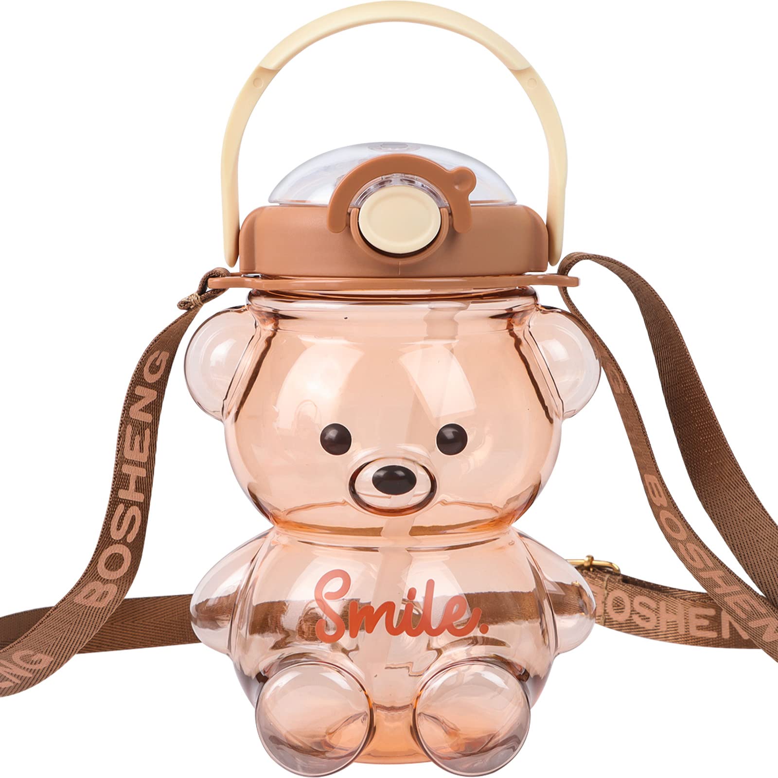 Kawaii Bear Straw Bottle Large capacity bear water bottle with Strap and  Straw Cute Portable Bear shaped water Bottle Adjustable Removable Strap for  outdoor and school activities(grey)