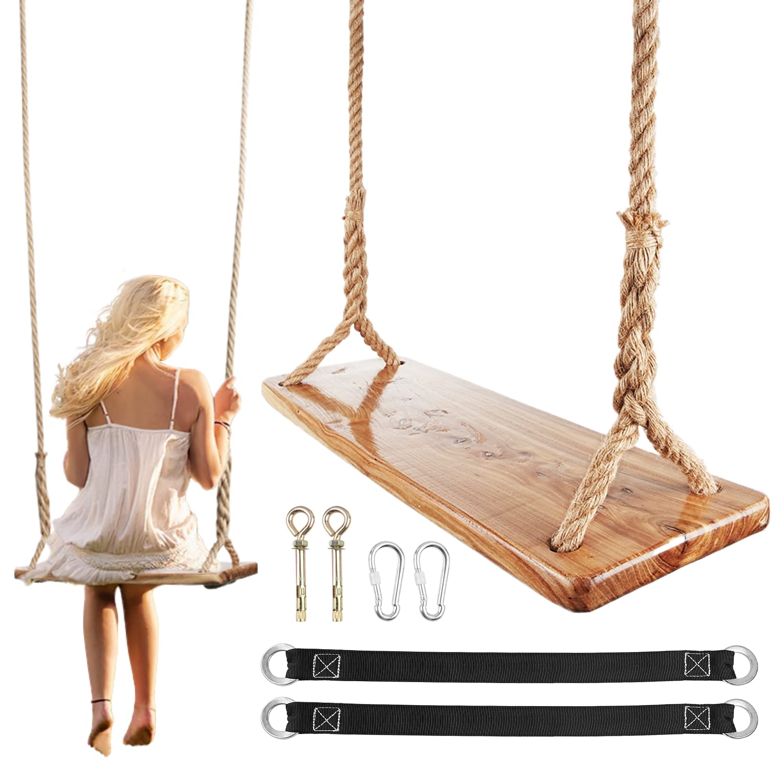 Wooden Tree Swing Seat, Kids Adult Teen Hanging Swings with Sturdy Rope  Nylon, Tree Swing Rope Indoor Outdoor Garden Yard Playground, Durable Wood