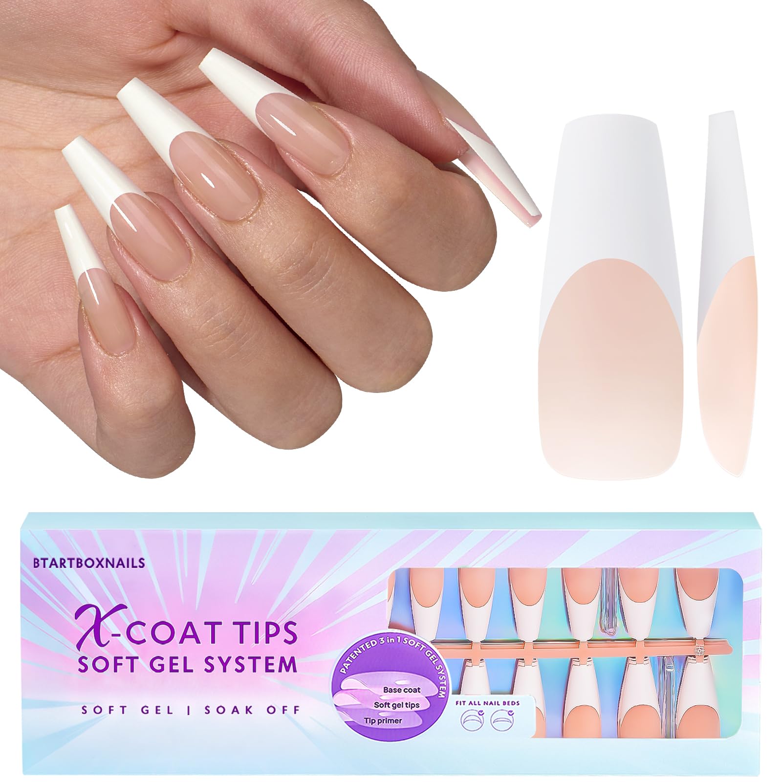 BTArtbox French Tip False Nails Long Coffin Nail Tips X Coat Tips Press on Nails Preapplied