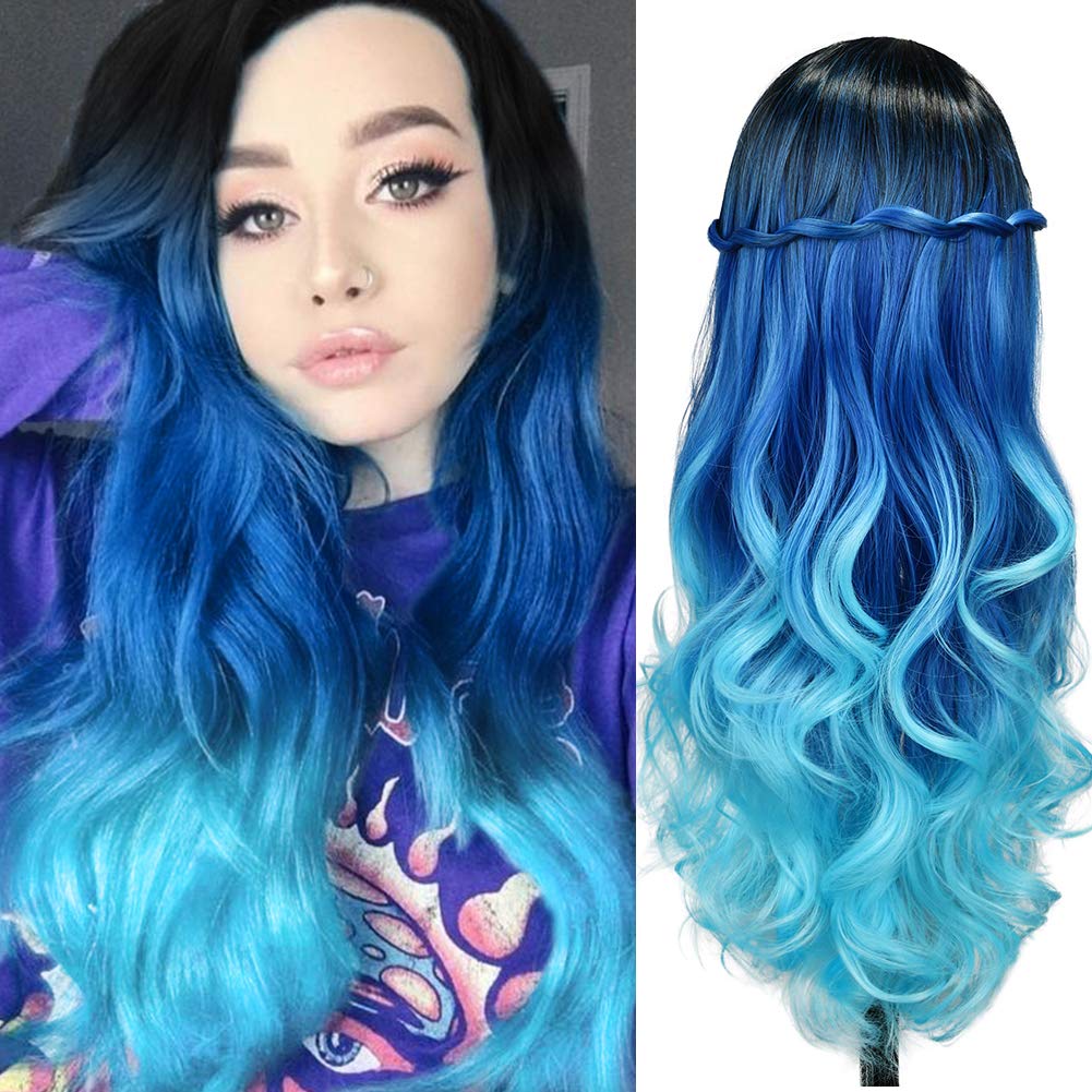 Synthetic Long Straight Black Ombre Light Blue Wig for Women High