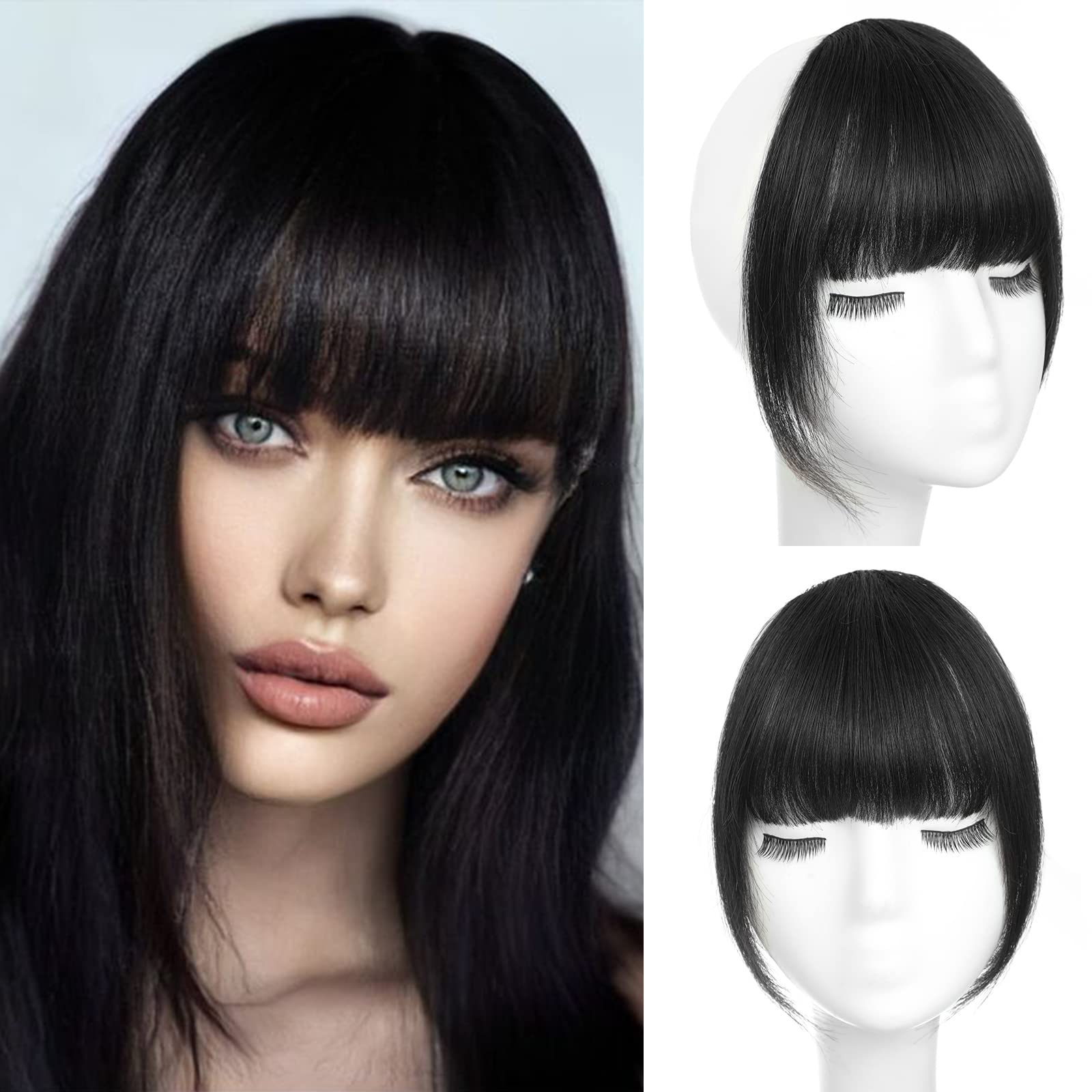 WECAN Clip in Bangs 100% Human Hair Extensions Bangs Hair Clip Natural Black  Fringe with