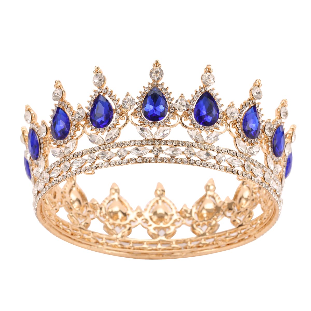 Vintage Royal Queen Teardrop Rhinestone Diadem Tiaras Crown Pageant Prom  Diadem Bride Wedding Hair Jewelry Accessories (Gold Blue)