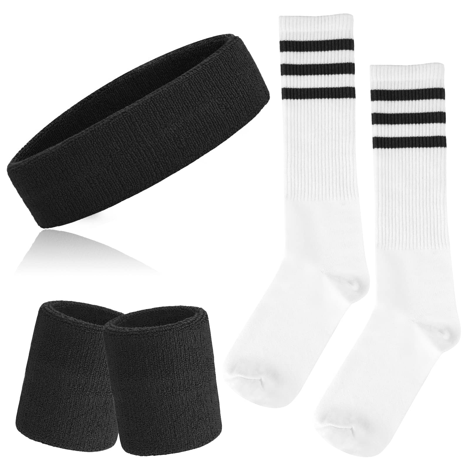 ONUPGO 5 Pieces Sweatbands Striped Socks Set Sports Headband Wrist Sweat  Bands Striped High Tube Sock Set for Men Women Sports 80s Costumes Theme  Party Black, Striped Socks