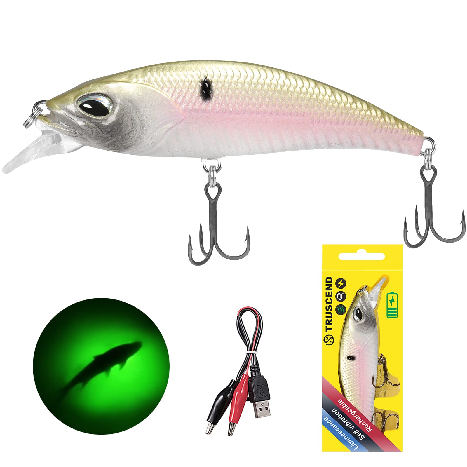 TRUSCEND Electric Twitching Jerkbait, USB Rechargeable LED Lighted Wobbler,  Long Casting Slow Sinking Flashing Bass Lures