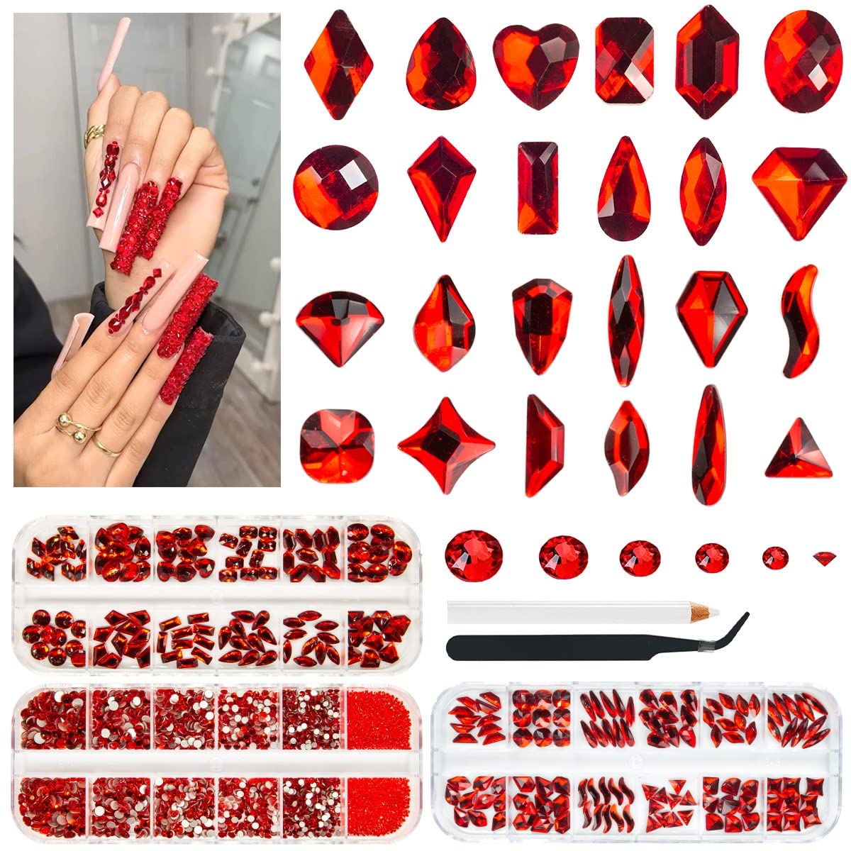 2750Pcs Red Nail Rhinestones 240 Multi-Shapes Ruby Red Rhinestones
