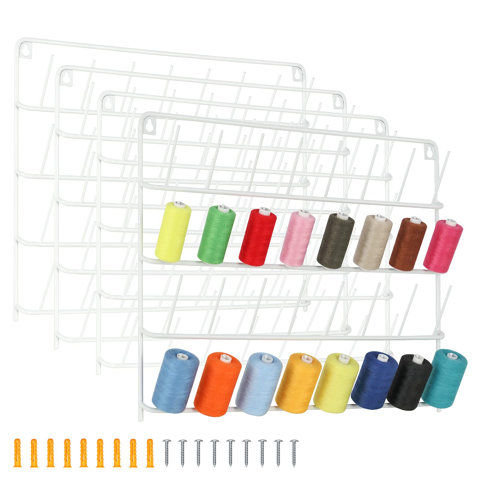 HAITARL 4 Set of Sewing Thread Organizer Wall-Mounted Metal Thread Rack  32-Spool Thread Holder with Hanging Hooks for Organizing Threads White