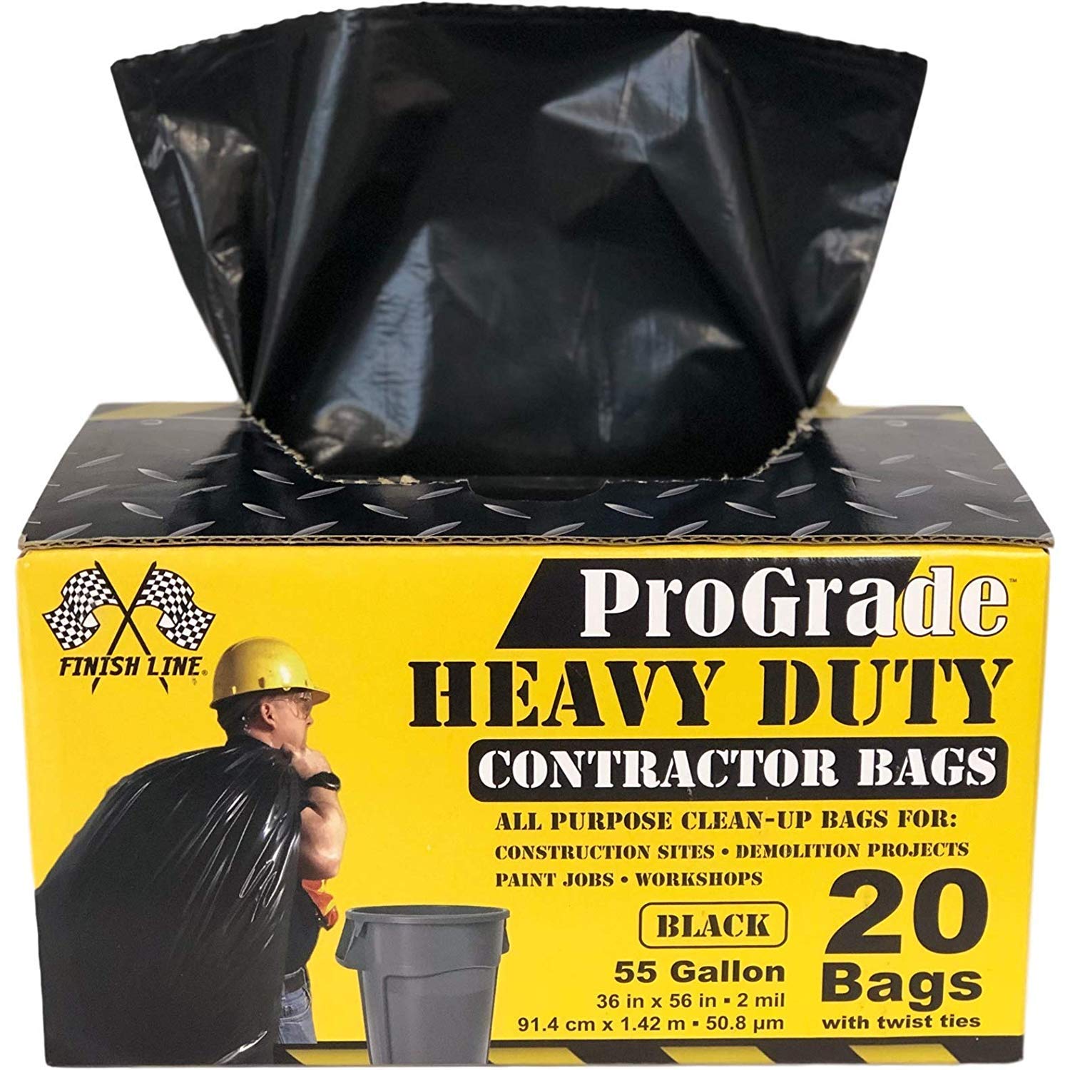 Reli. ProGrade Contractor Trash Bags 55 Gallon (20 Bags w/ Ties) Black 55 Gallon  Trash Bags Heavy Duty, Garbage Bags / Construction Bags (2 mil) (55 Gallon  - 60 Gallon), Black 20 Count (Pack of 1)