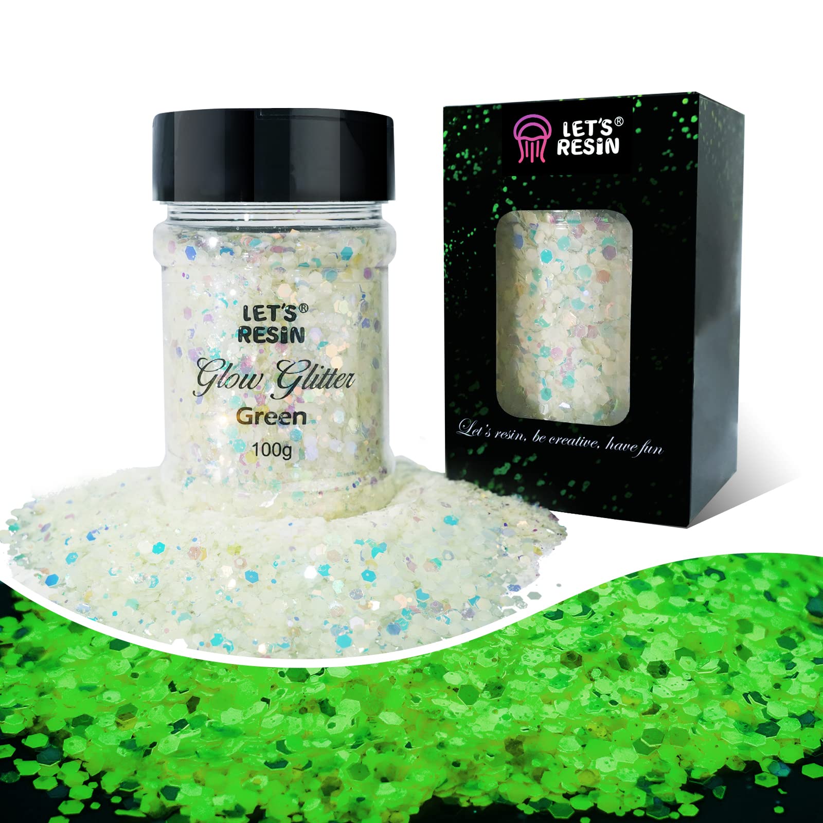 LET'S RESIN Glow in The Dark Glitter, 100G High Luminous Glitter for Resin/Makeup,  Chunky Glitter for Epoxy/UV Resin, Nail, Cosmetic, Skin, DIY Crafts, Slime,  Tumblers, Halloween Decor green