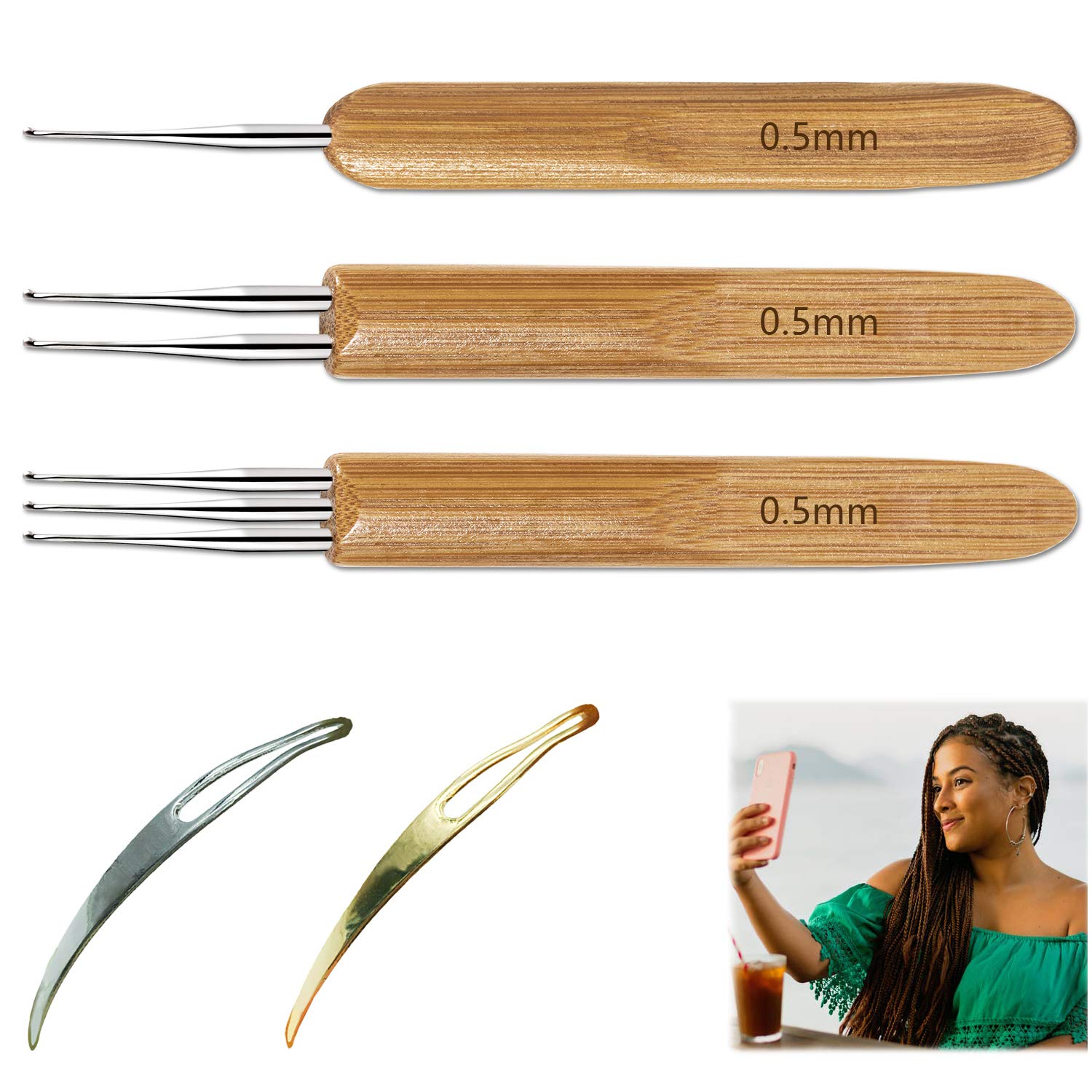 Dreadlocks Crochet Hooks Tool Set,Crochet Needles for Hair Dreadlock Locks  0.5 mm Crochet Needle Steel with Bamboo Handle Good for Braid Craft (0.5 mm