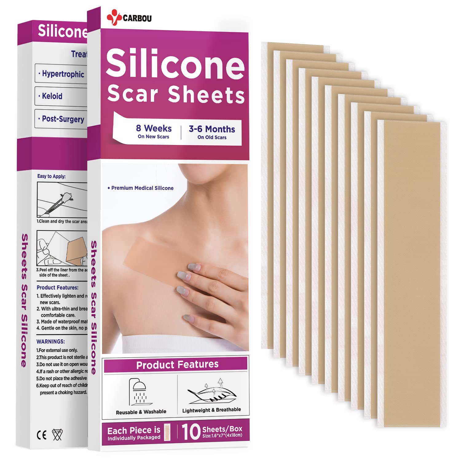 Carbou Silicone Scar Sheets (1.6x 7 10 Pack) Soft Silicone Scar Strips