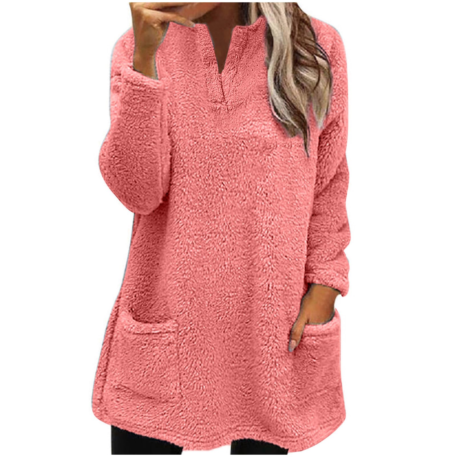AMhomely Ladies Womens Soft Teddy Fleece Hooded Jumper Plus Size Double  Fleece Casual Hoodies With Pocket V Neck Soft Fleece Hooded Sweatshirts  Plain Pullover Tops Winter Lightweight Lounge Tops 03 Pink XXL