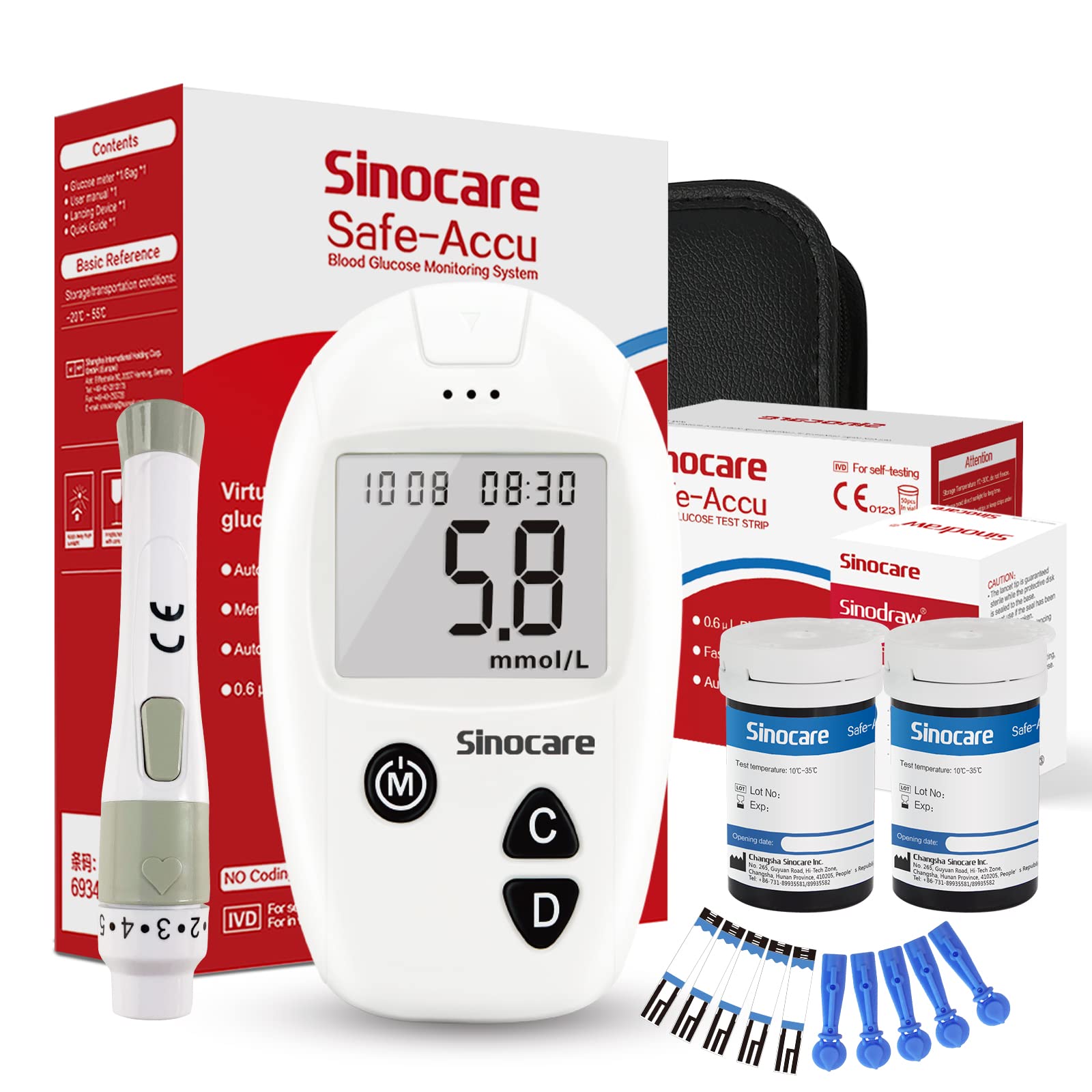 Sinocare Blood Sugar Monitor Diabetes Testing Kit Safe Accu Large