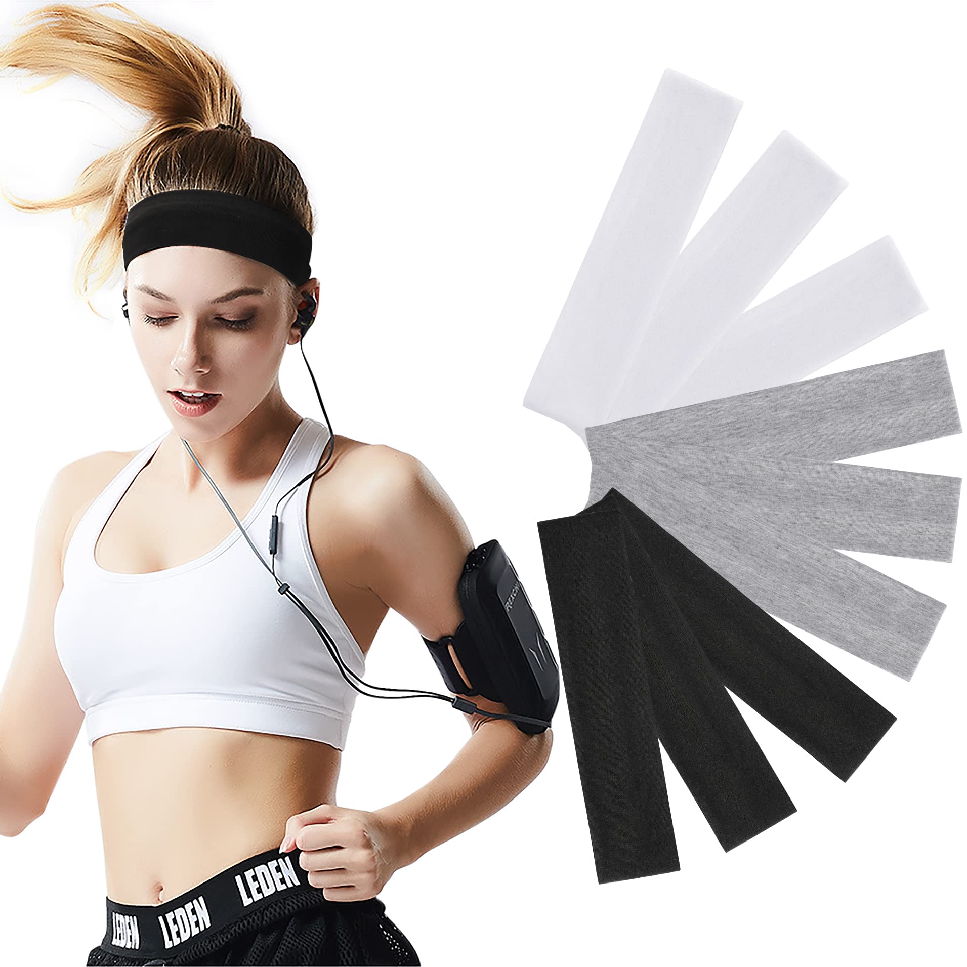 Workout Headbands Women 9Pcs, Cotton Headbands Women Men 2.5 inch Wide,  Soft Sweat Wicking Stretchy Headband for Women Girls Sports Yoga Running 3  Colors Mixed