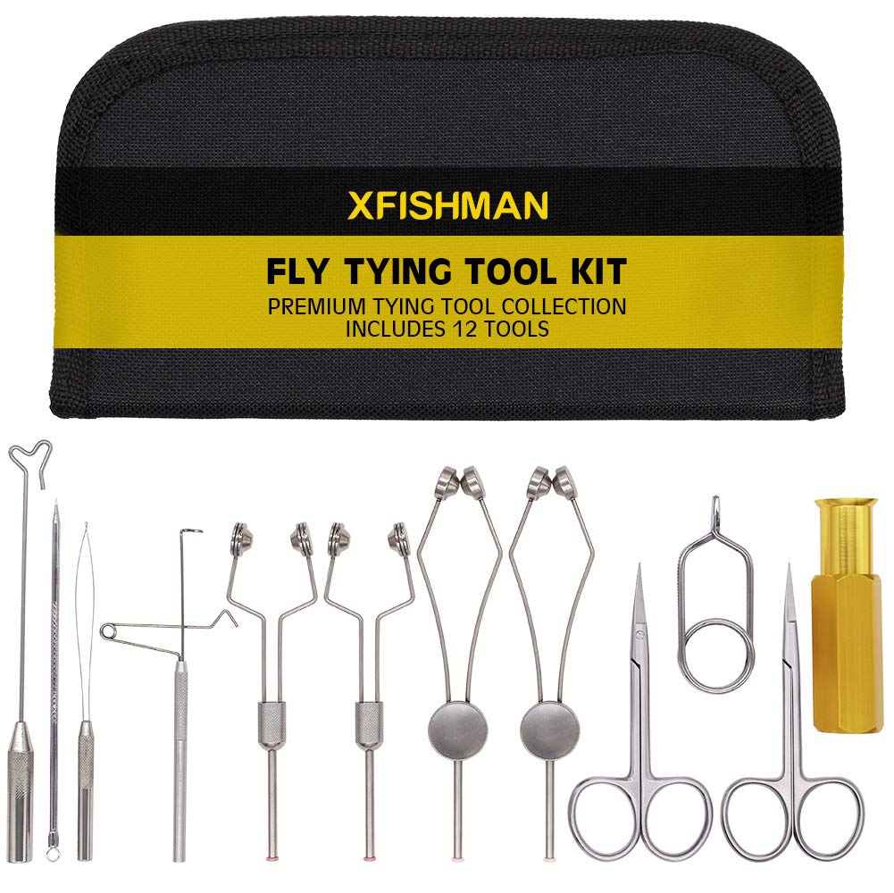 XFISHMAN Fly Tying Tool Kit 7-8-12 in 1 with Bobbin Finisher Scissors Vise  Hackle