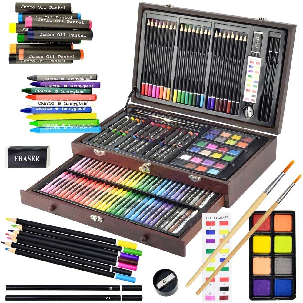 Sunnyglade 145 Piece Deluxe Art Set Wooden Art Box & Drawing Kit with  Crayons Oil Pastels Colored Pencils Watercolor Cakes Sketch Pencils Paint  Brush Sharpener Eraser Color Chart (Cherry) multi-color