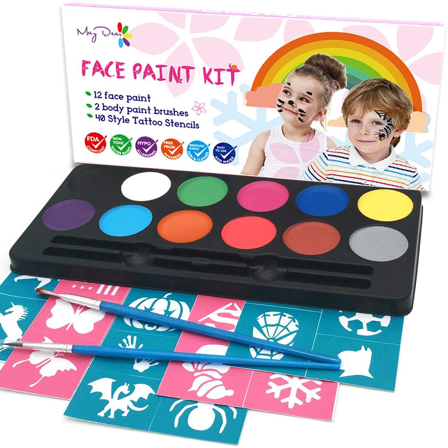 Maydear Face Painting Kit for Kids with 14 Colors Safe and Non-Toxic Large  Water Based Face Paint, 52- Stencils,160 Gems, 2 Hair Chalks, 2 Glitter
