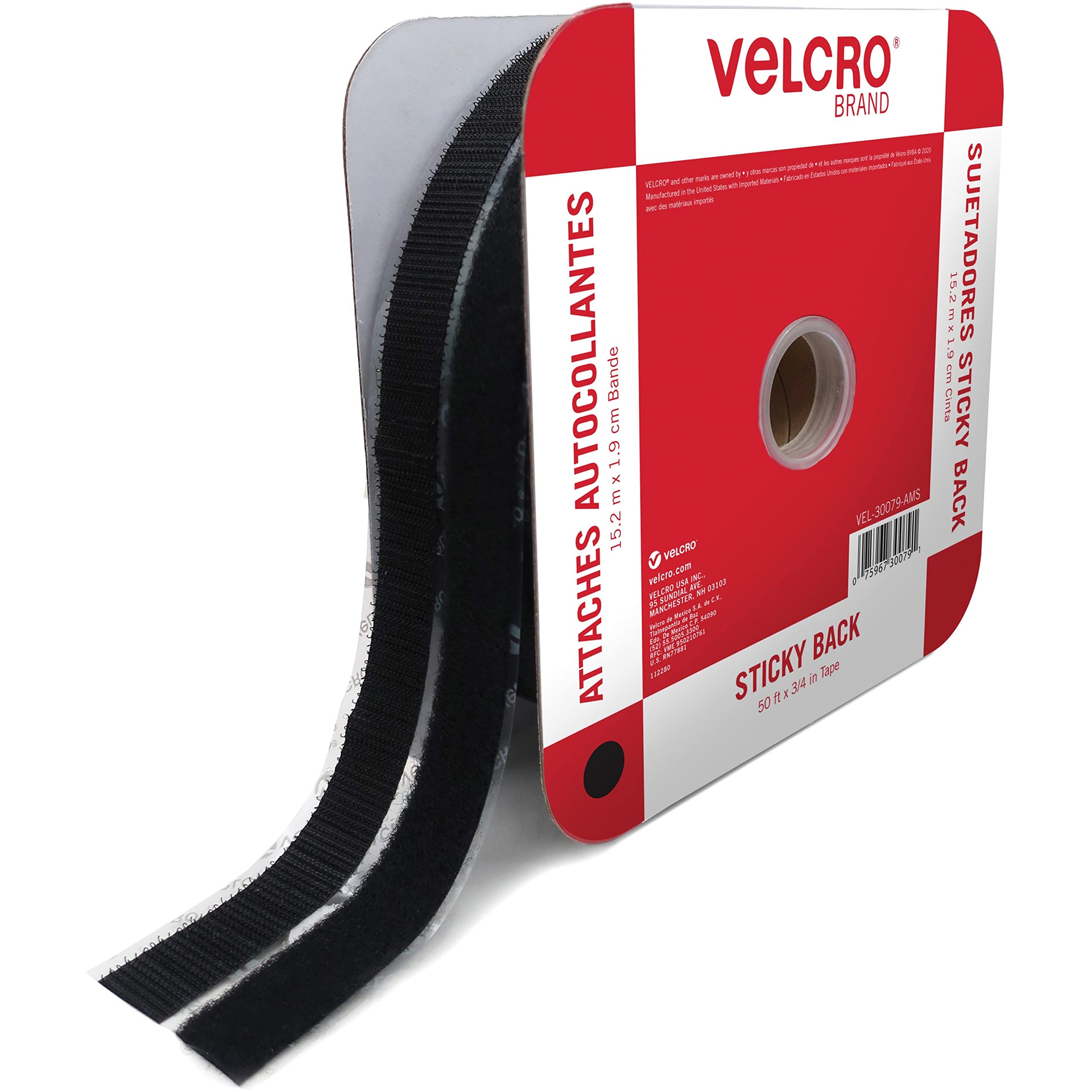 VELCRO Brand - Sticky Back Tape Bulk Roll, 50 ft x 3/4 in, Black, Cut  Hook and Loop Adhesive Strips to Length
