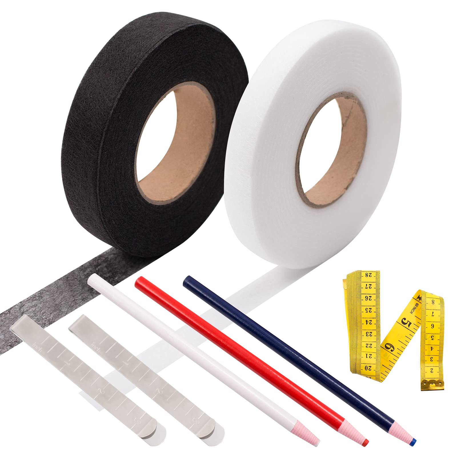 Daily Treasures Iron-on Hemming Tape, 2Rolls 140 Yards Fabric Fusing Tape  with 2 Sewing Clips+3 Mark Pencil & 1 Soft Tape Measure-Bonding Web  Adhesive Tape for Jeans Trousers Garment Cloth(15 & 20 mm)