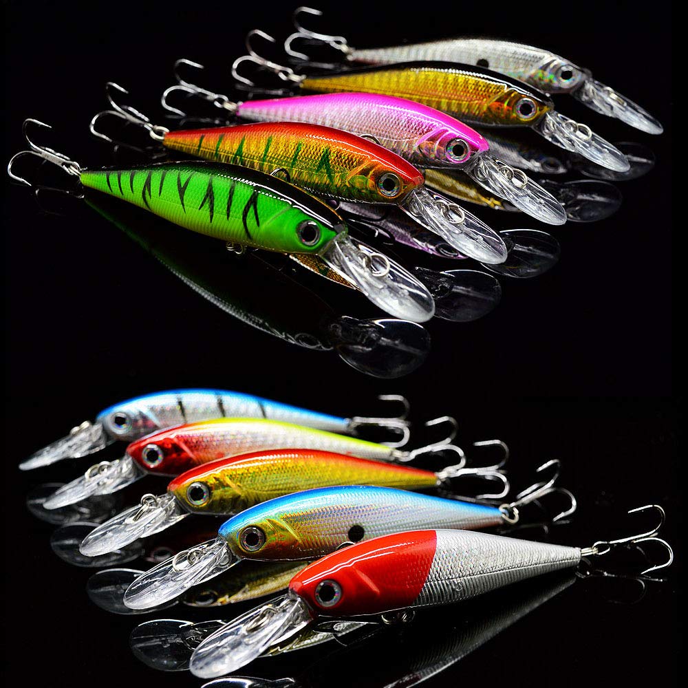 OriGlam 10 Pack Fishing Lures Hard Baits, 3D Eyes Minnow Fishing